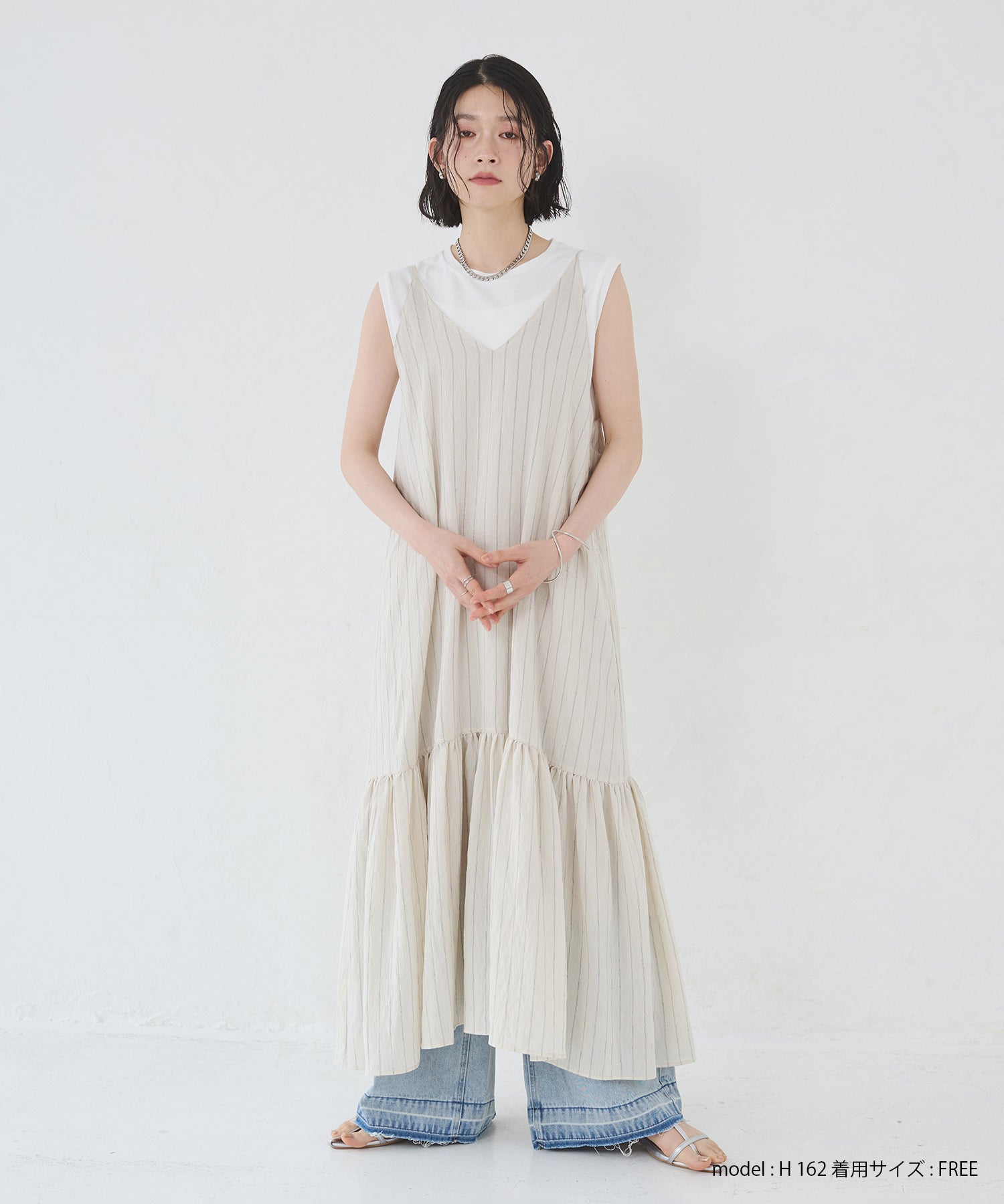 バックギャザー ストライプキャミワンピース