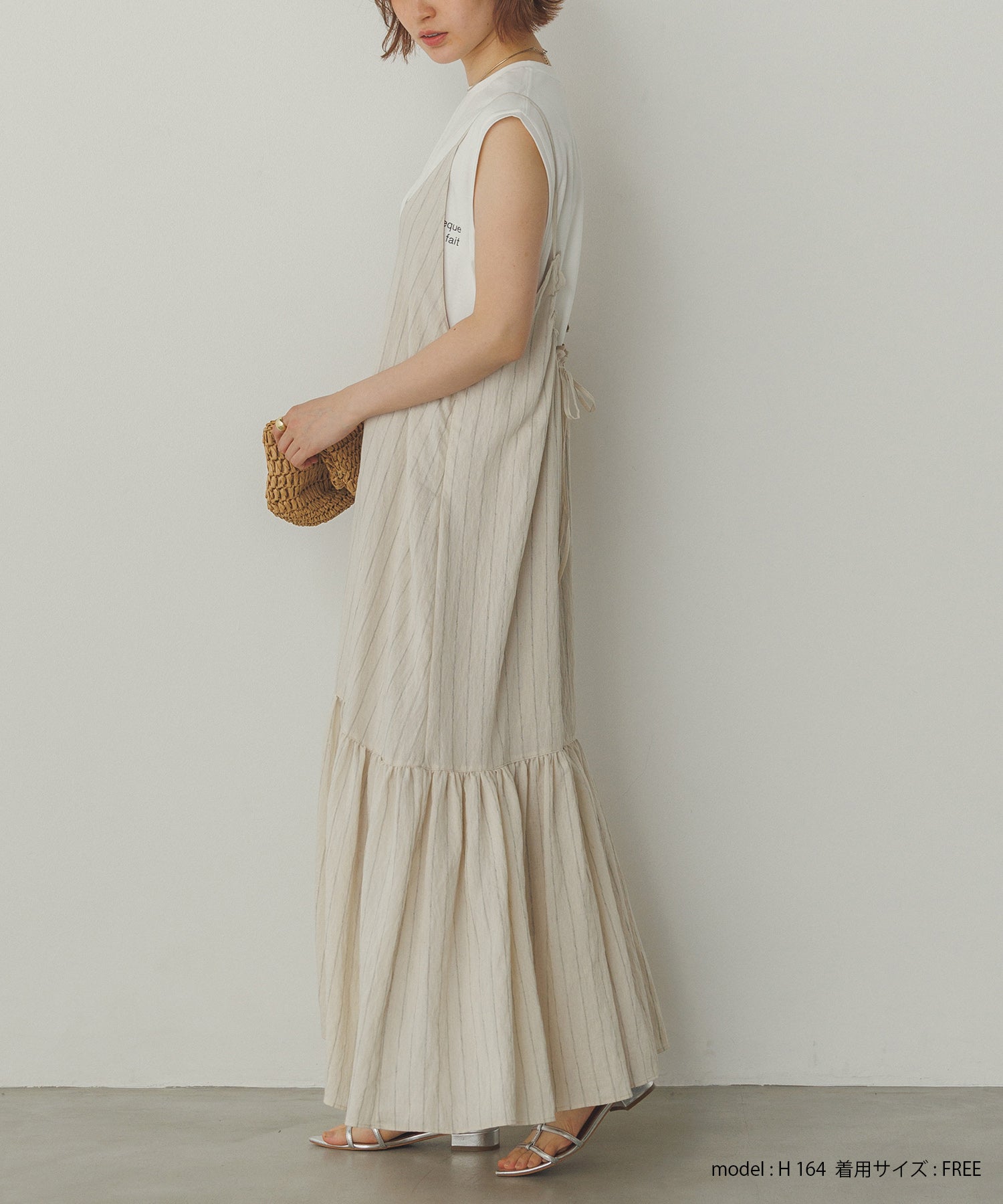 バックギャザー ストライプキャミワンピース