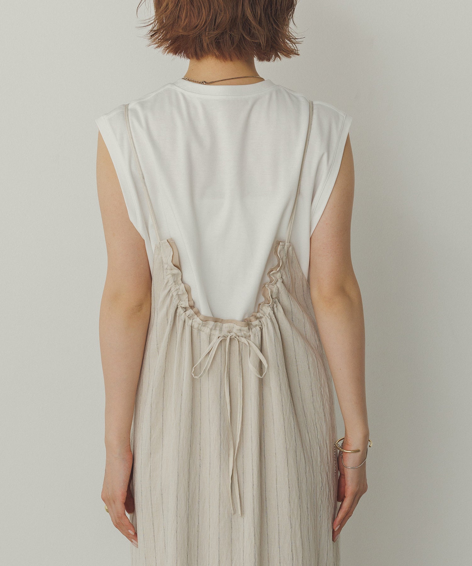 バックギャザー ストライプキャミワンピース