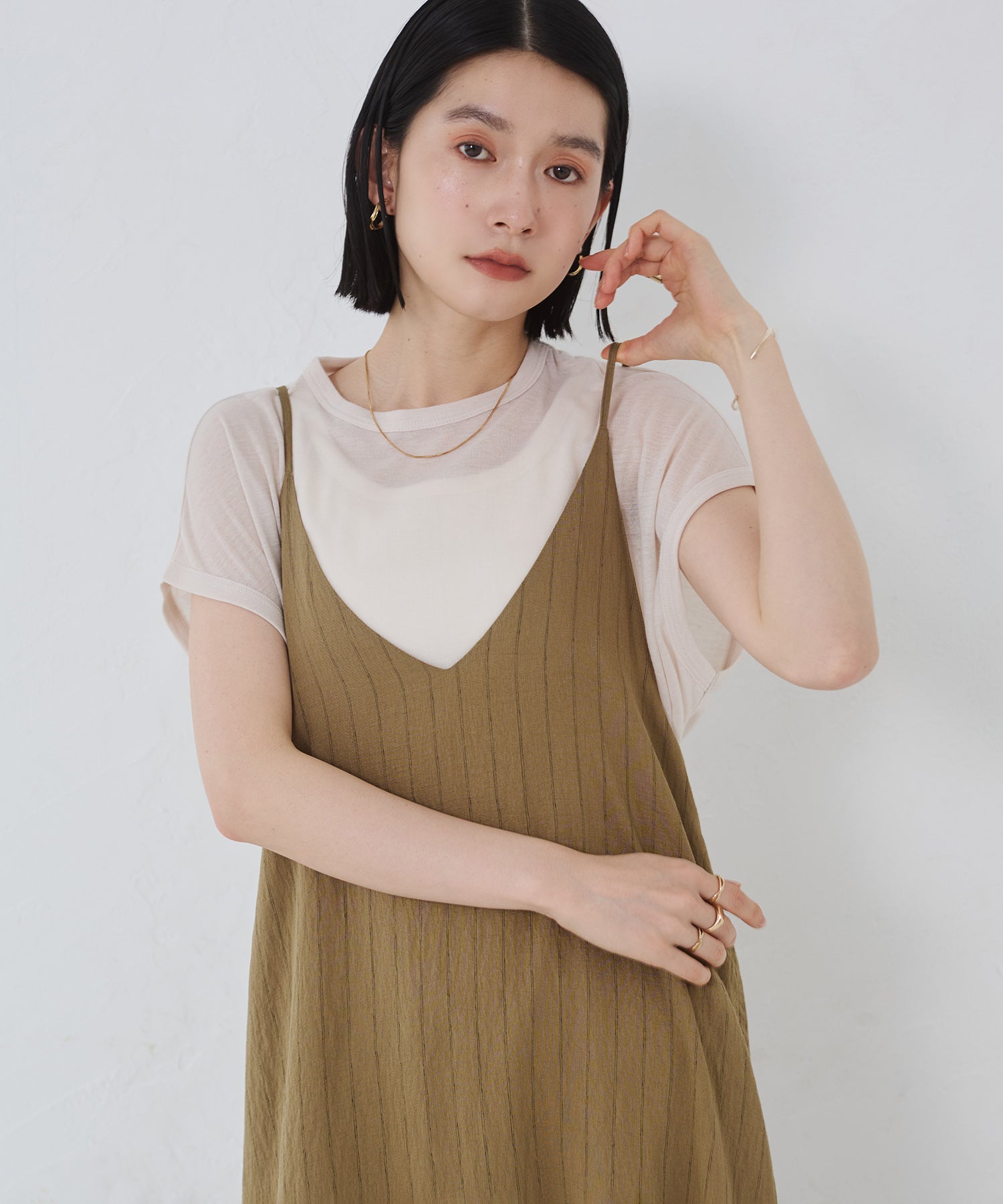 バックギャザー ストライプキャミワンピース