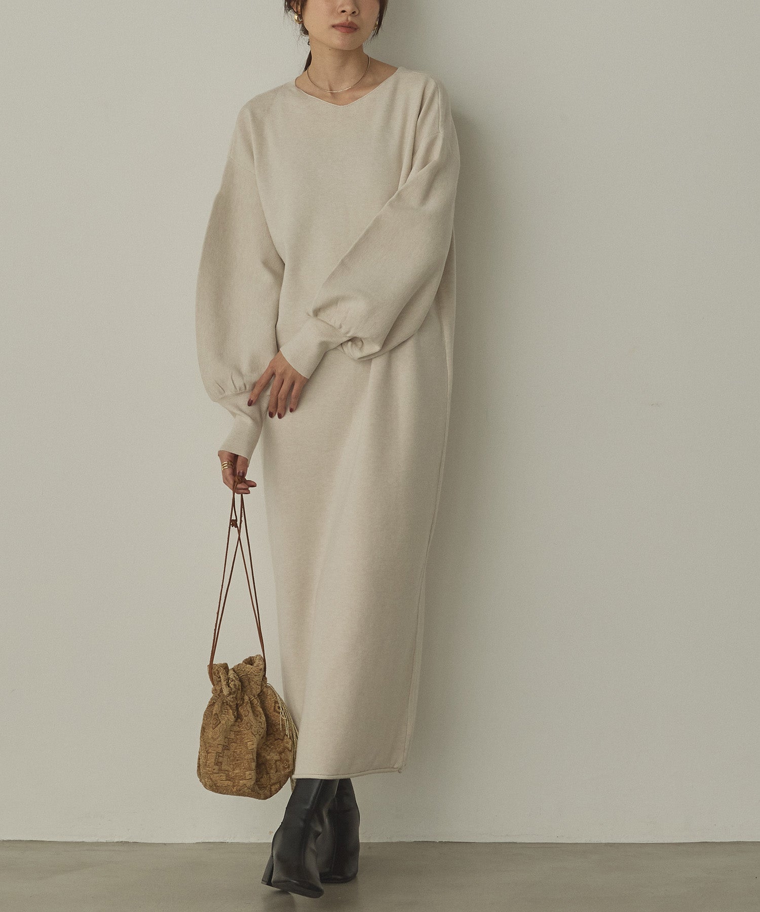 【静電気防止】やわもちヤーン ぽわん袖ワンピース