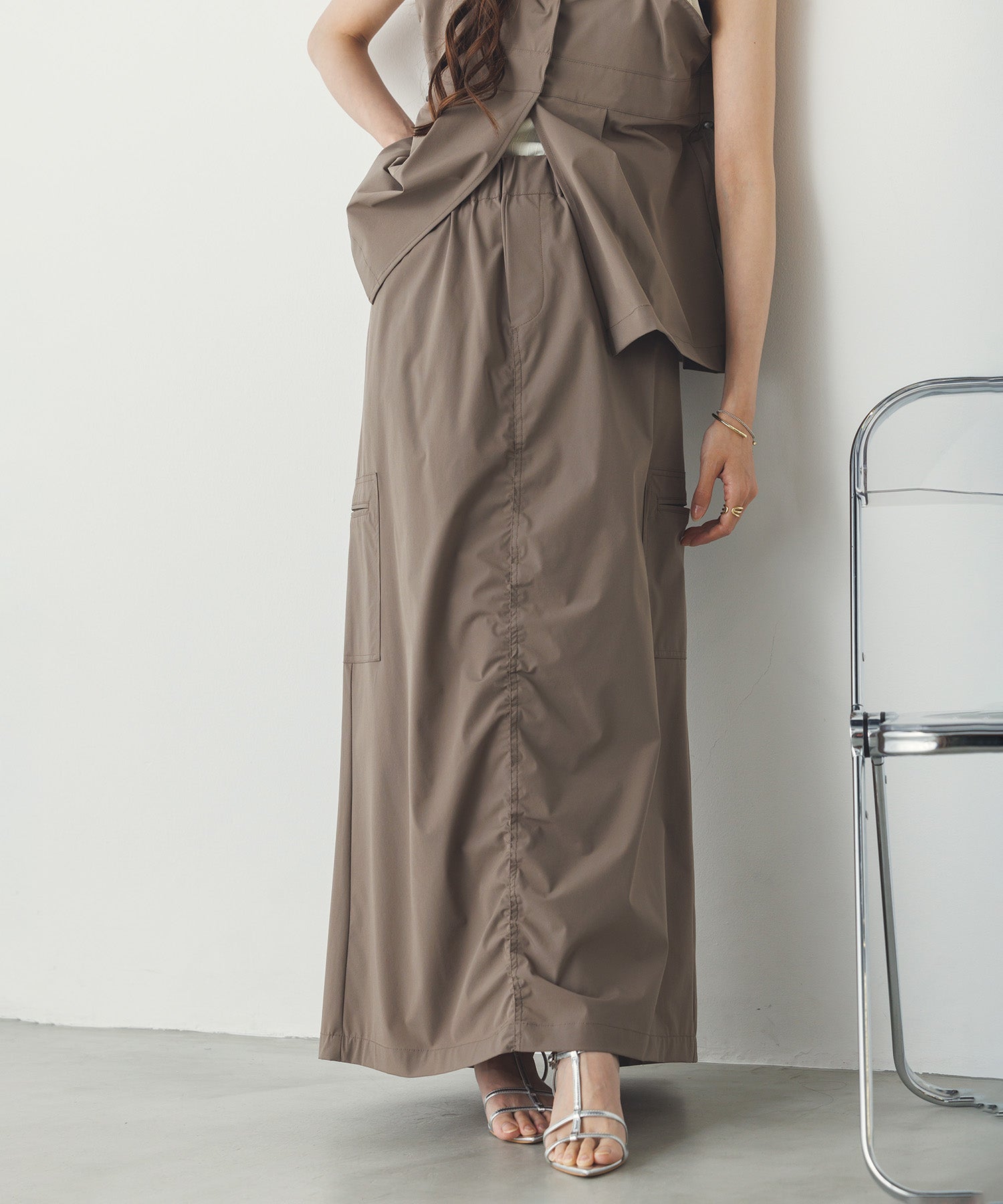 【接触冷感】シャーリング カーゴスカート