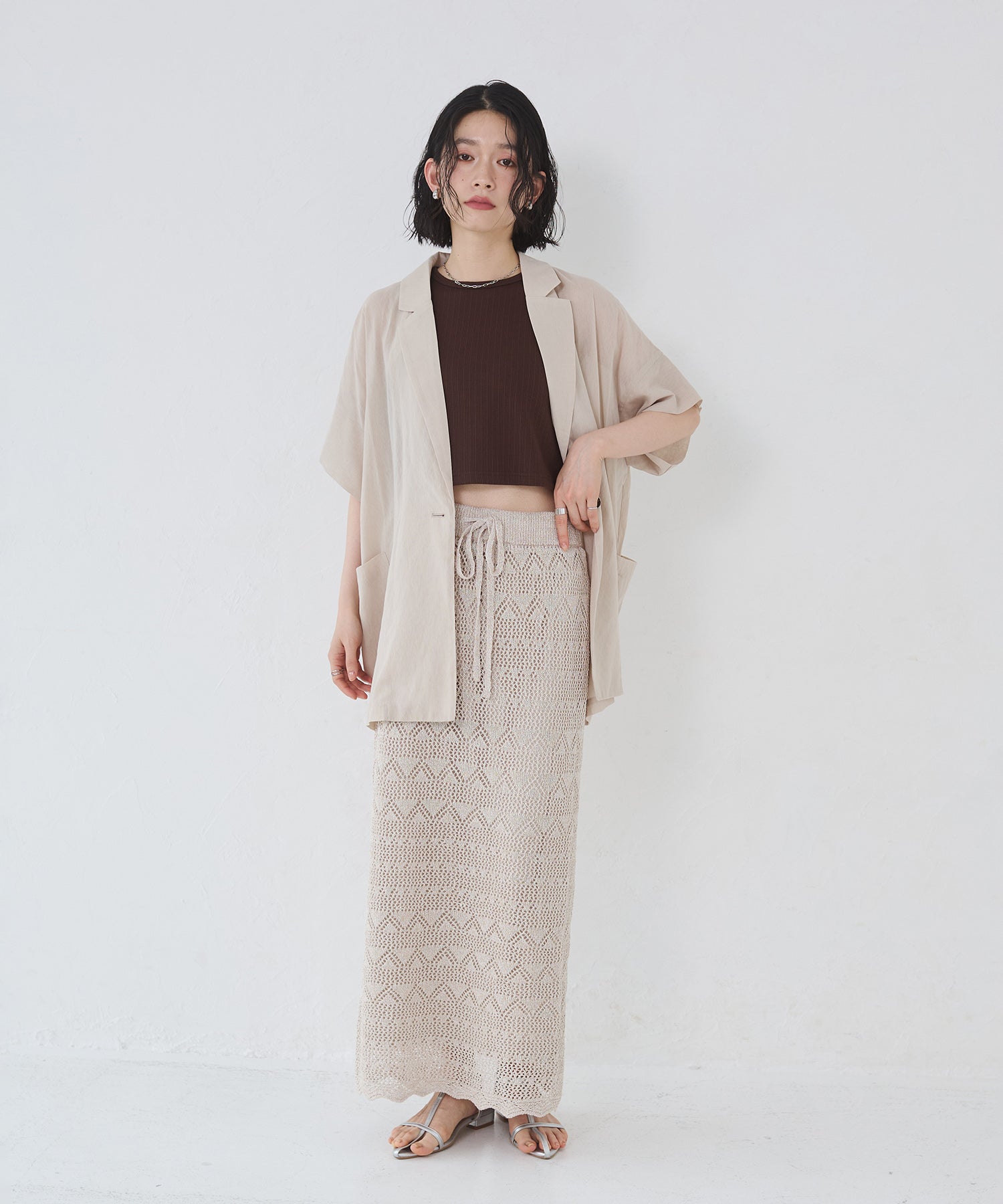 ペーパーヤーン 透かし編み ニットナロースカート
