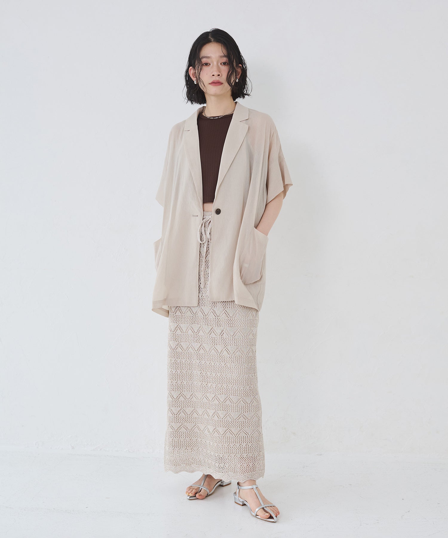 ペーパーヤーン 透かし編み ニットナロースカート