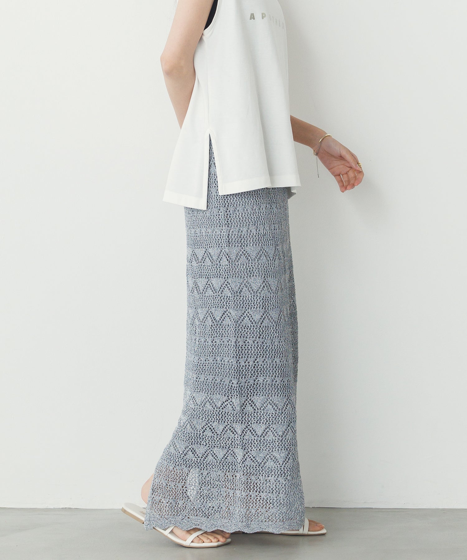 ペーパーヤーン 透かし編み ニットナロースカート