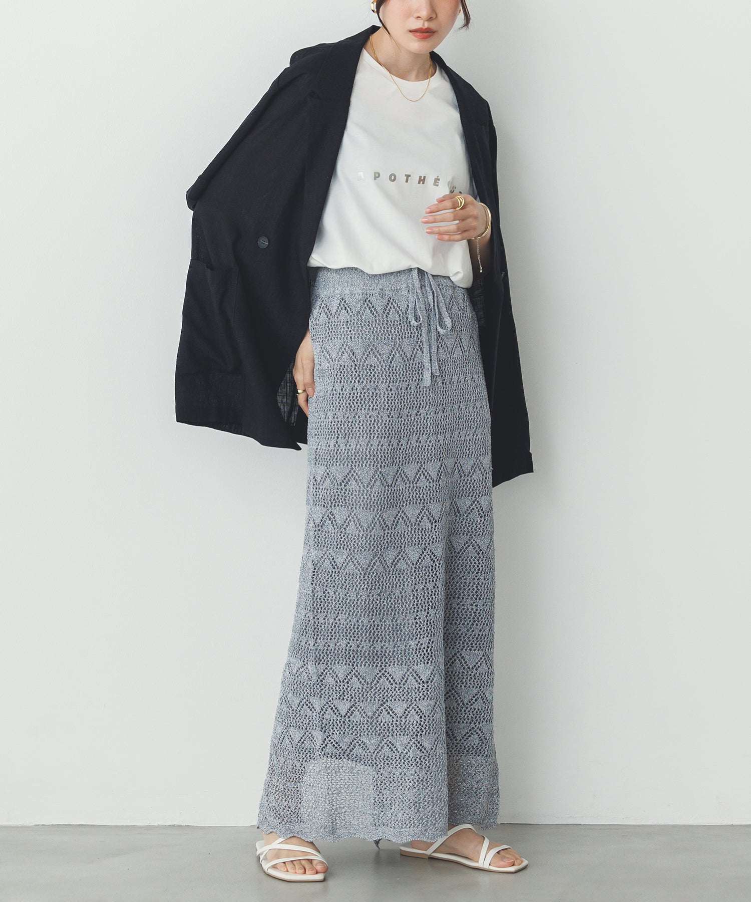 ペーパーヤーン 透かし編み ニットナロースカート