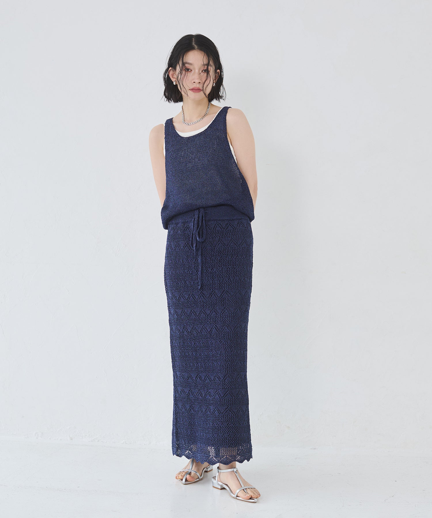 ペーパーヤーン 透かし編み ニットナロースカート