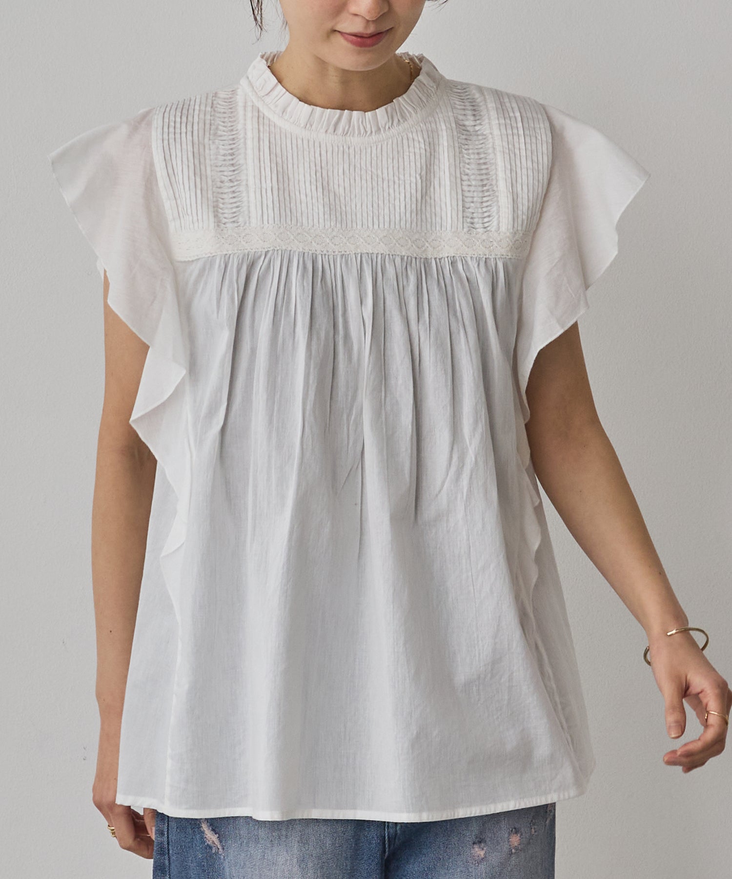 COTTON VOILE PINSTRIPE FRILL BLOUSE