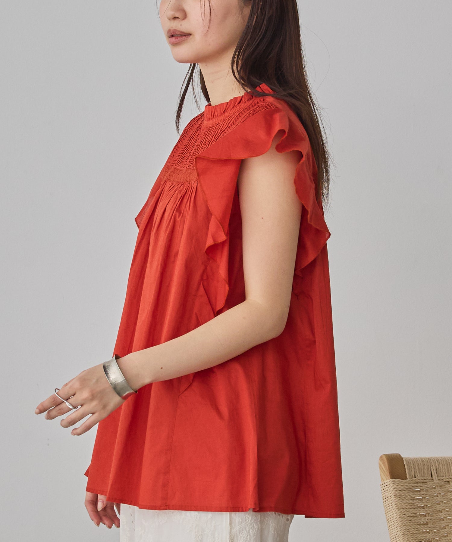 COTTON VOILE PINSTRIPE FRILL BLOUSE