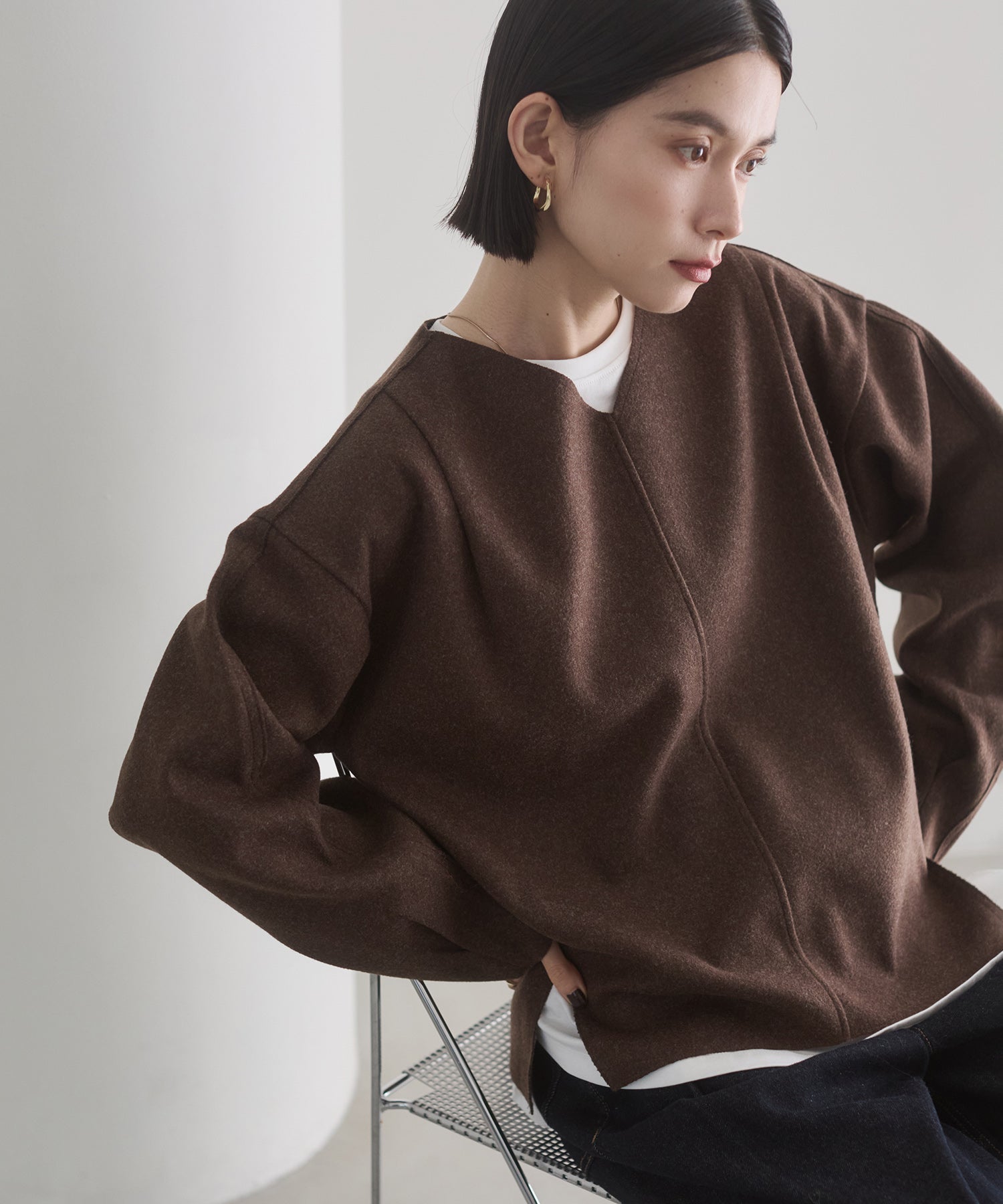 圧縮ニットソー Vネック コクーンニット