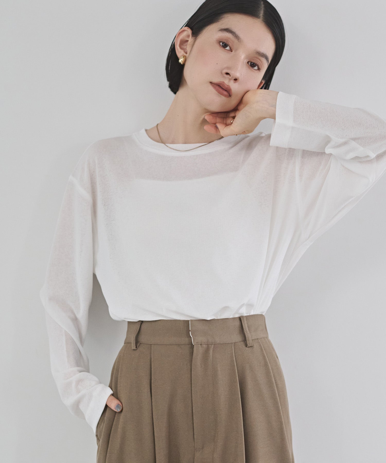 クルーネック シアーワッフルトップス