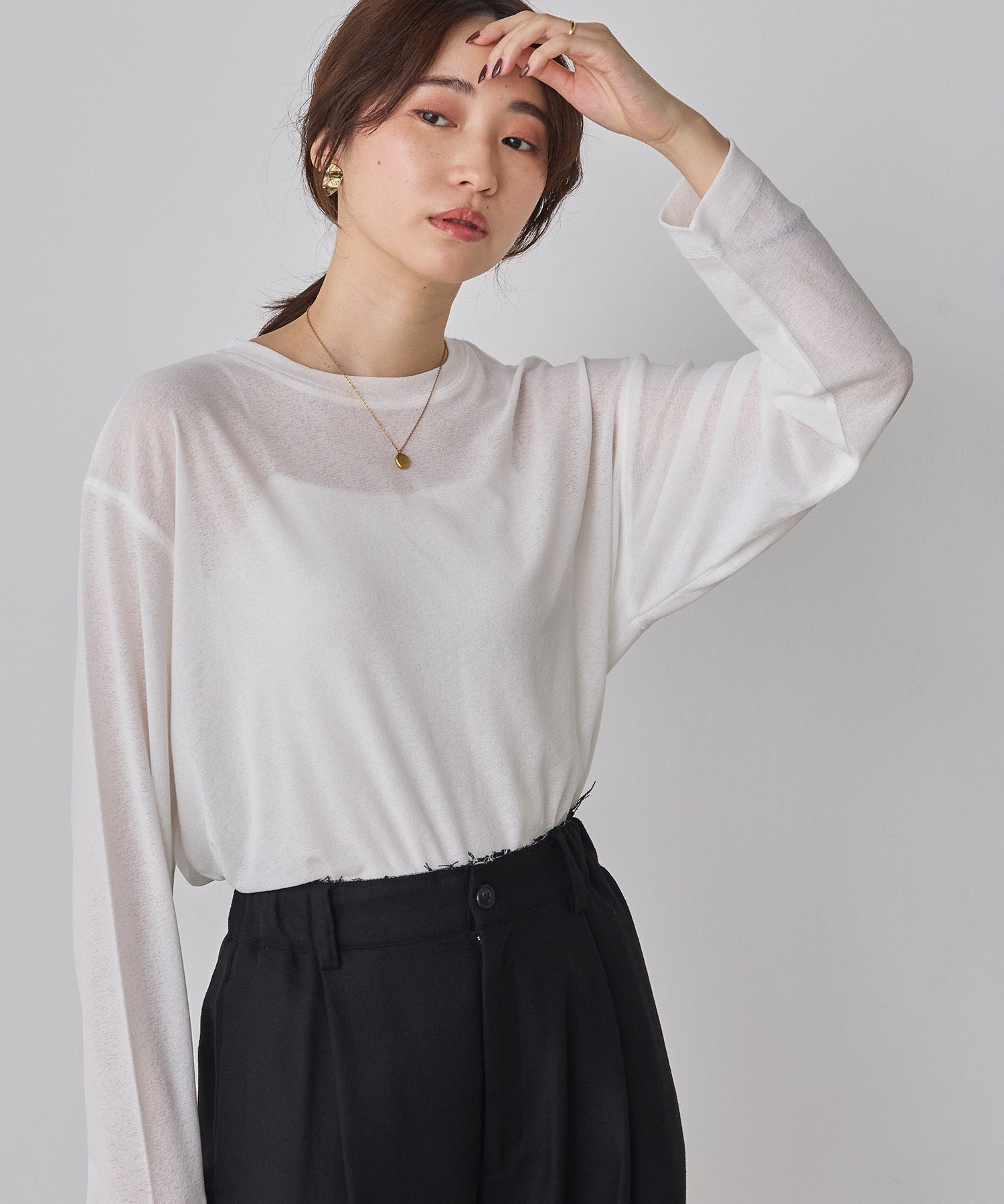 クルーネック シアーワッフルトップス