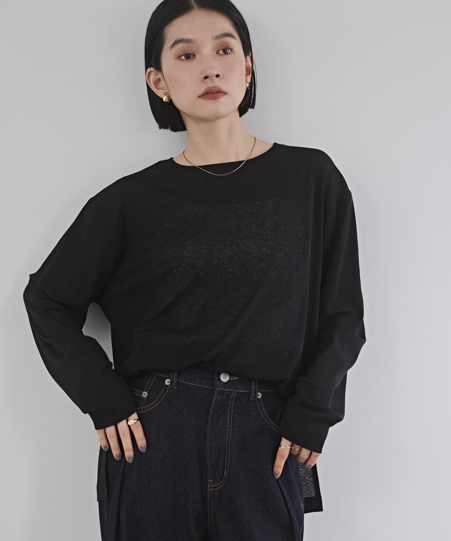 クルーネック シアーワッフルトップス