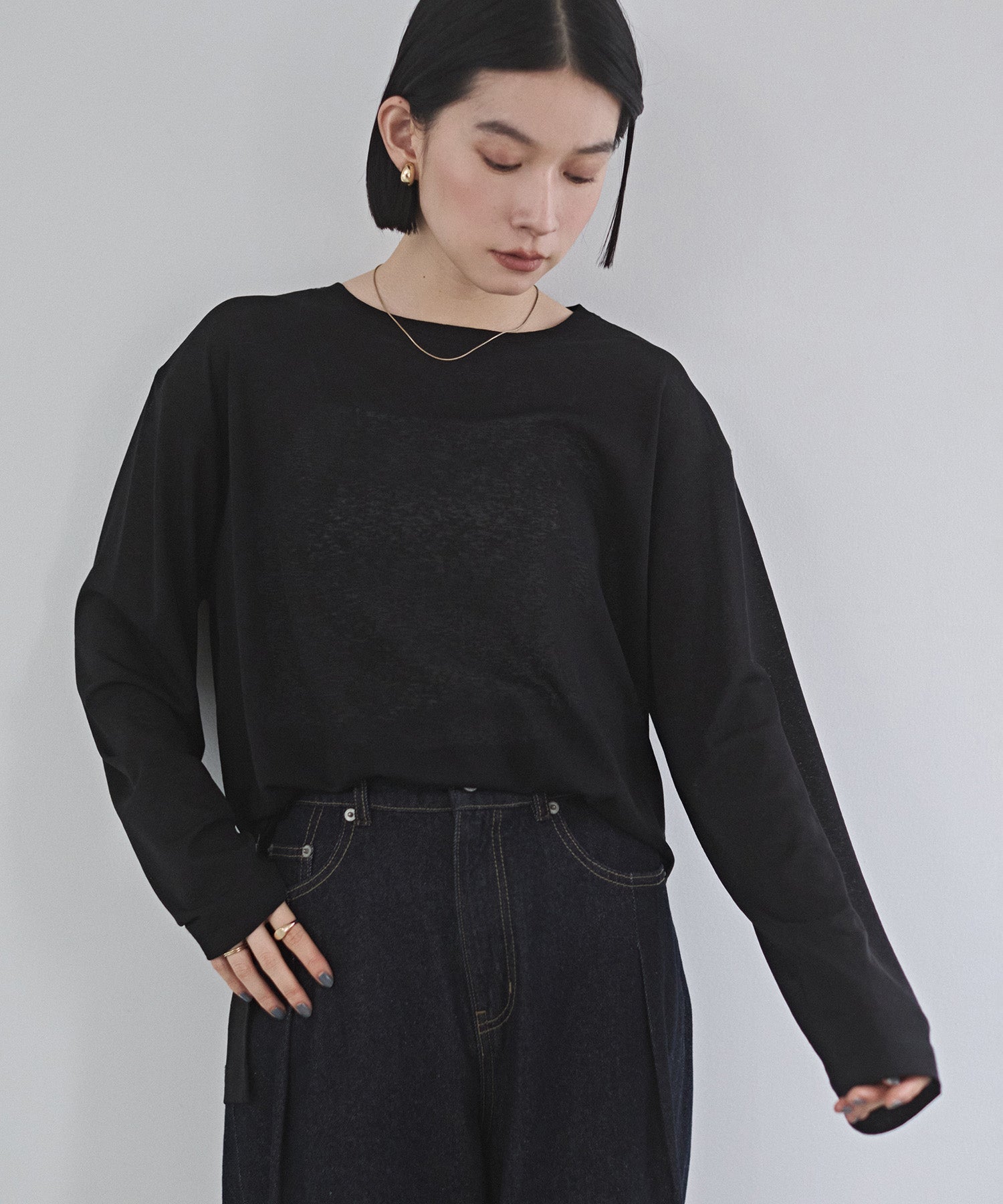 クルーネック シアーワッフルトップス