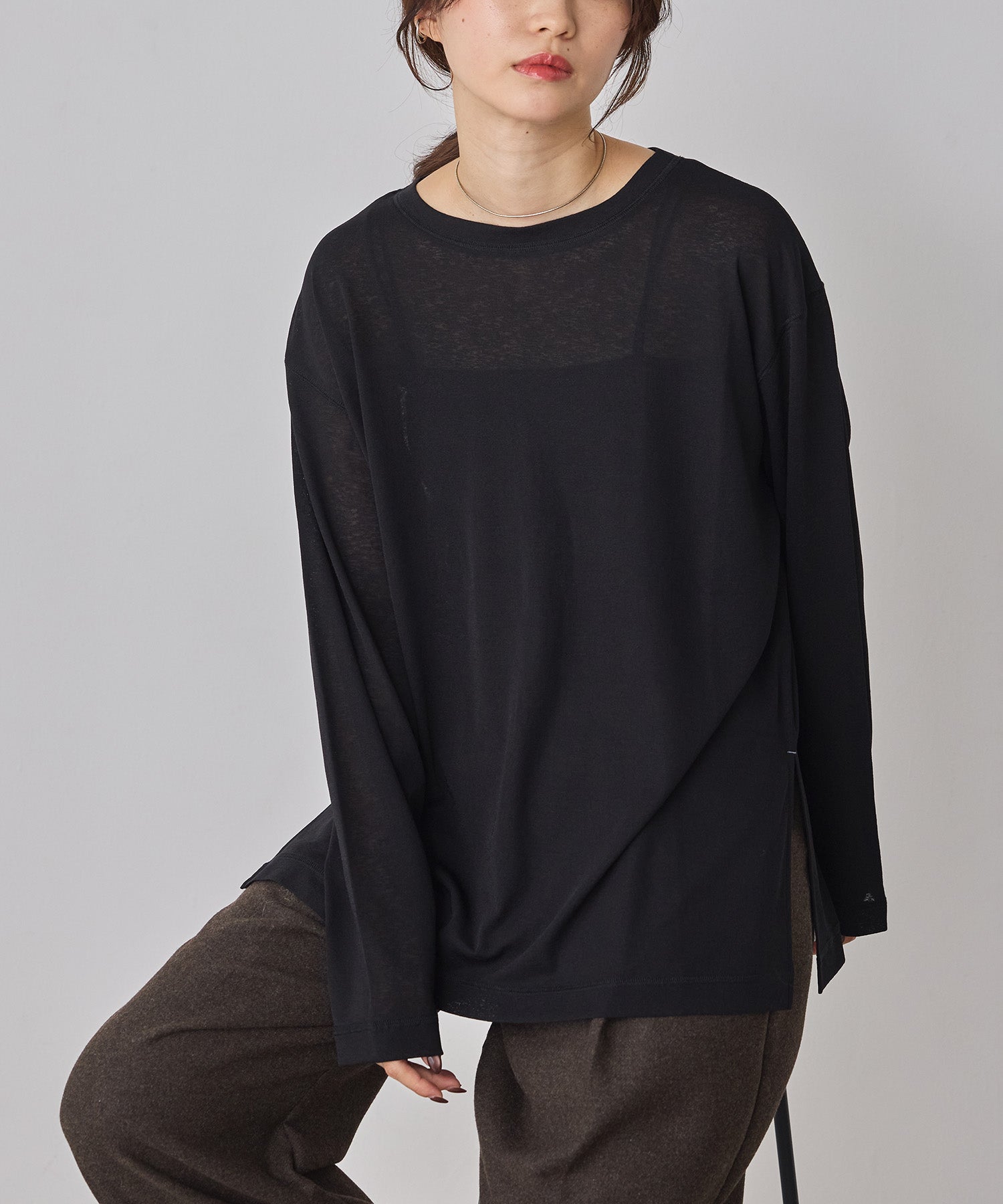 SHEER WAFFLE CREW NECK TOPS