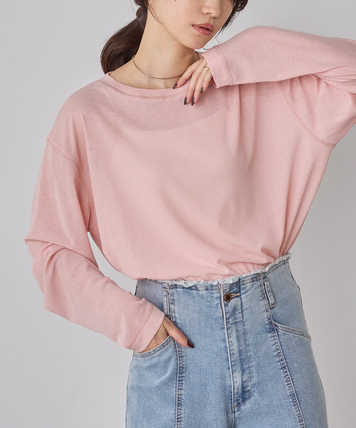SHEER WAFFLE CREW NECK TOPS