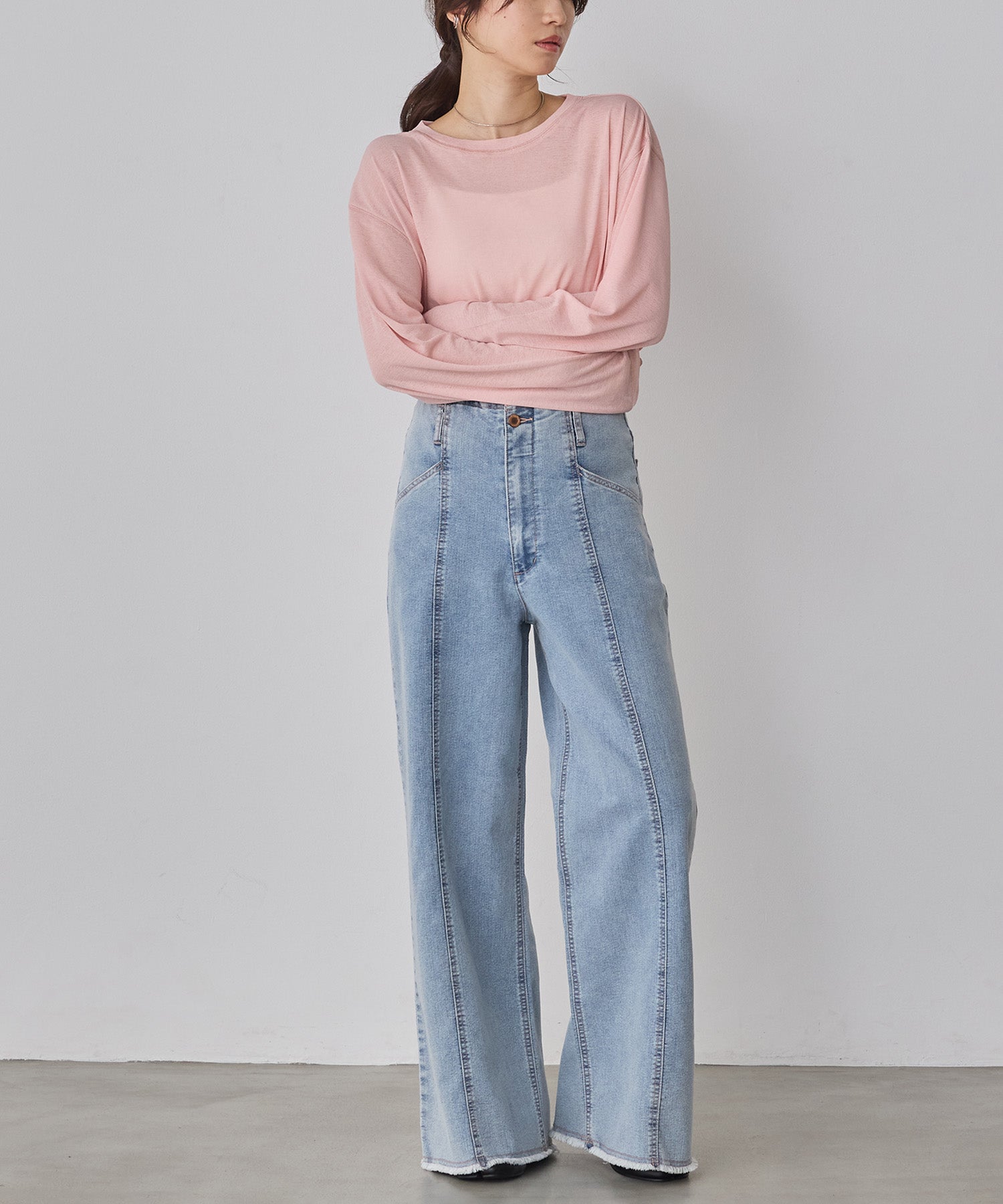 SHEER WAFFLE CREW NECK TOPS