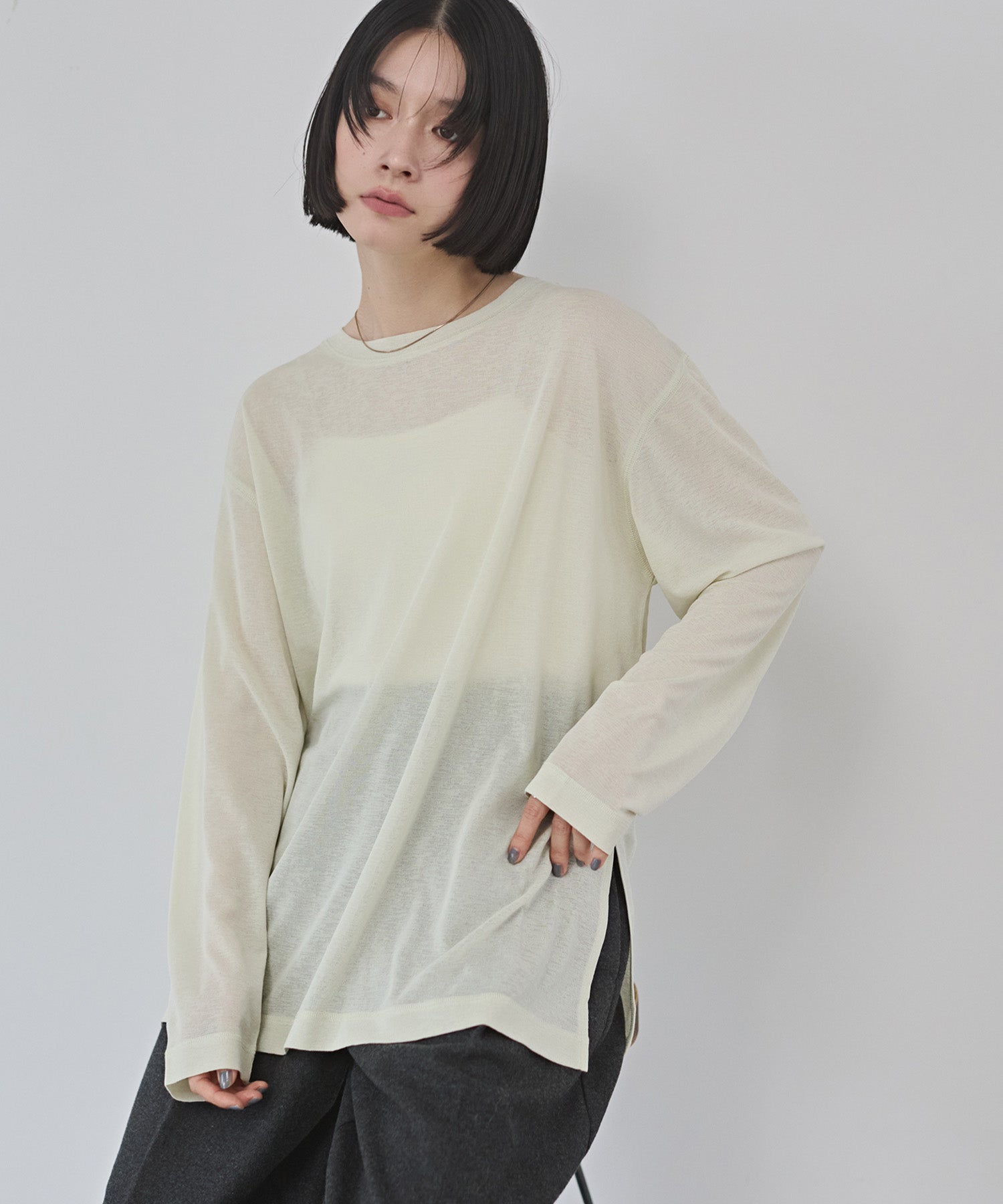 SHEER WAFFLE CREW NECK TOPS