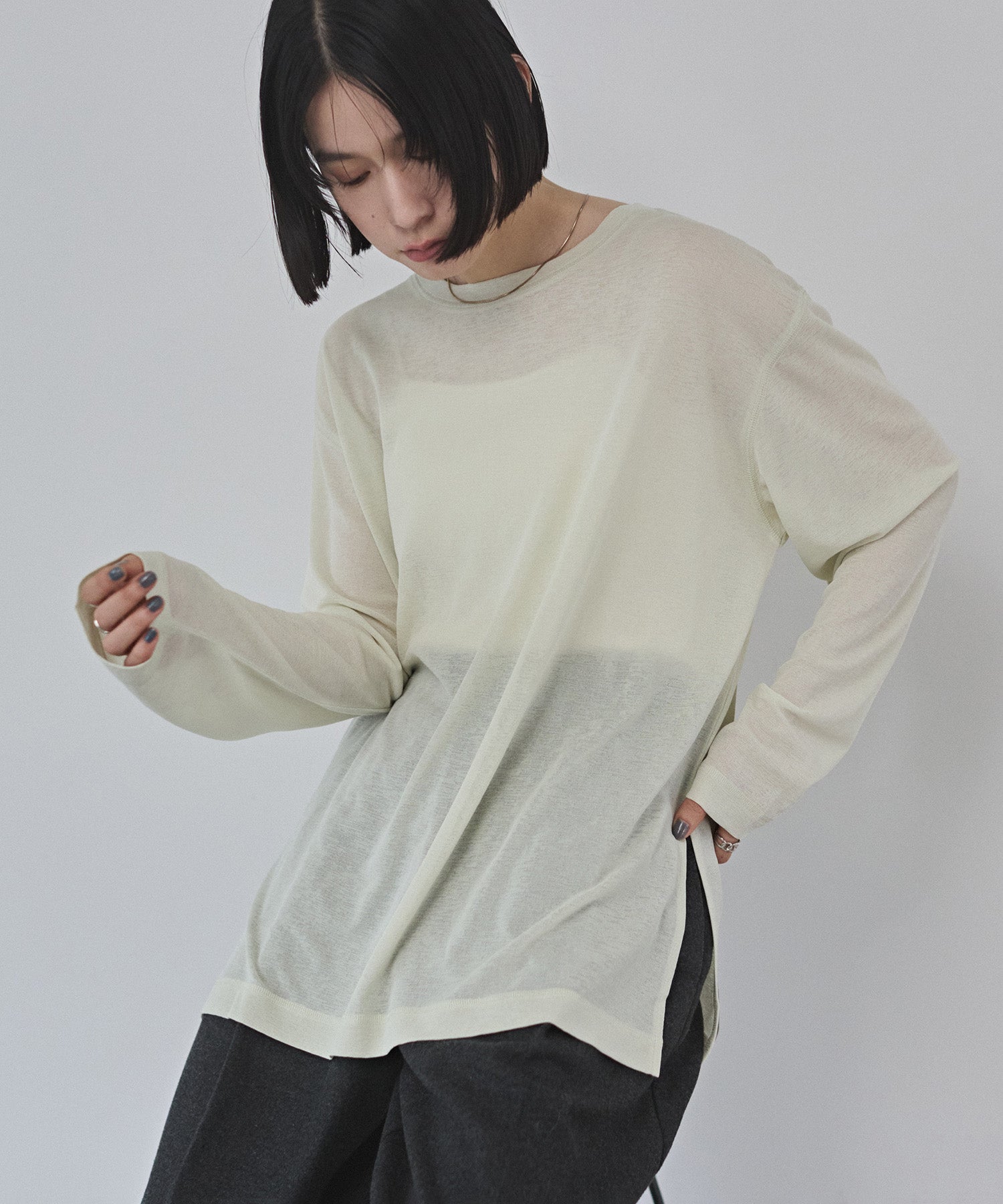 SHEER WAFFLE CREW NECK TOPS
