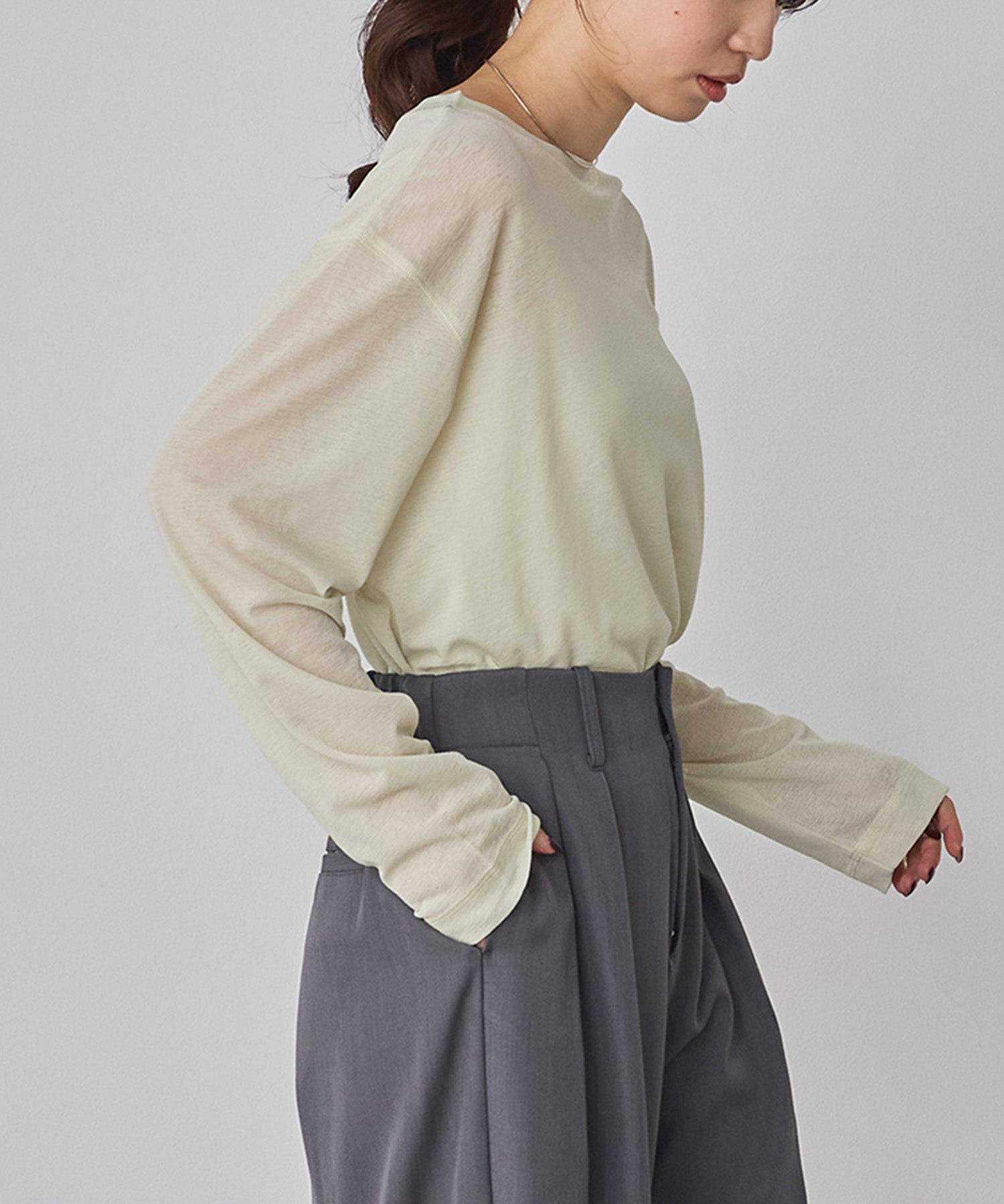 SHEER WAFFLE CREW NECK TOPS