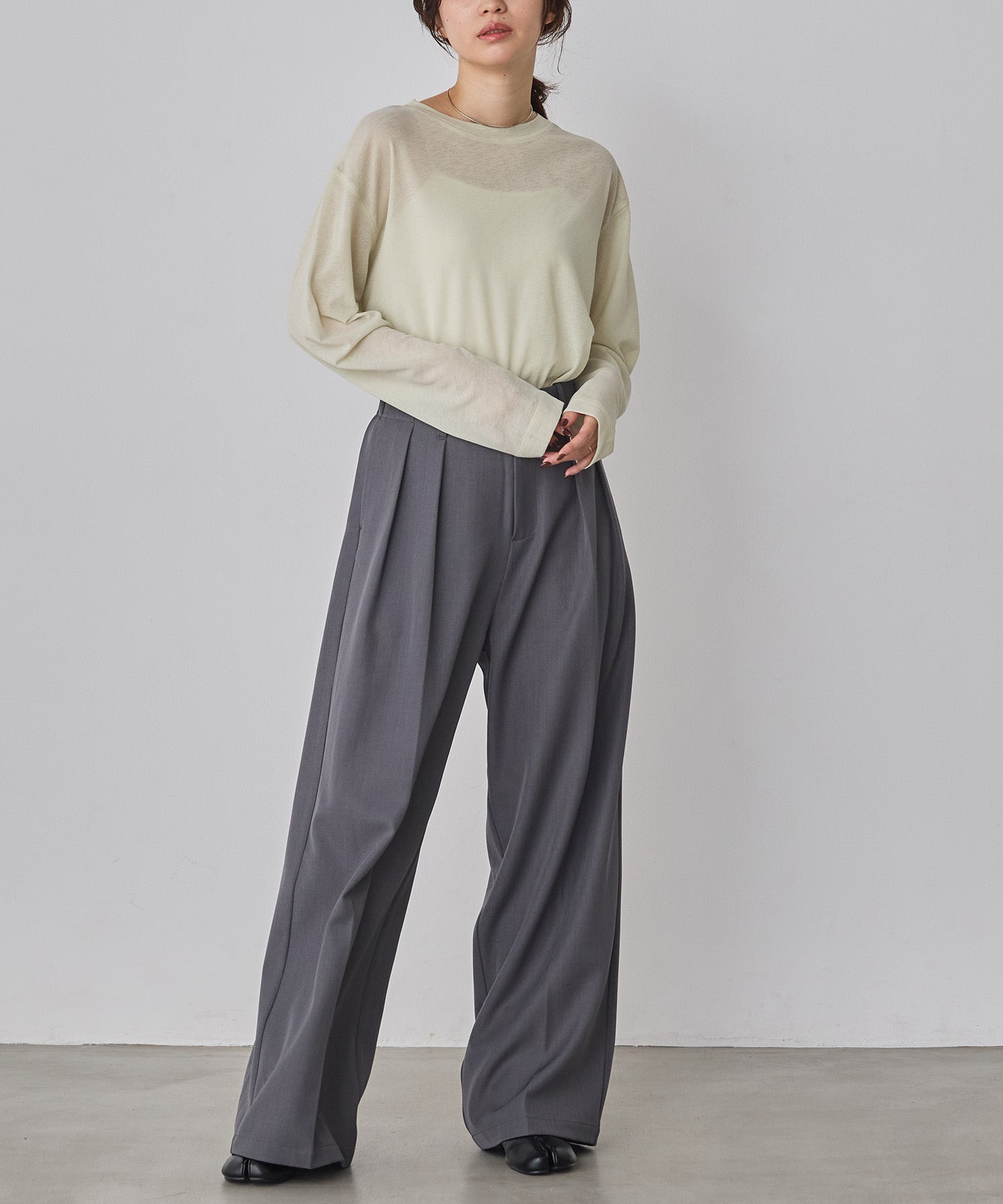 SHEER WAFFLE CREW NECK TOPS