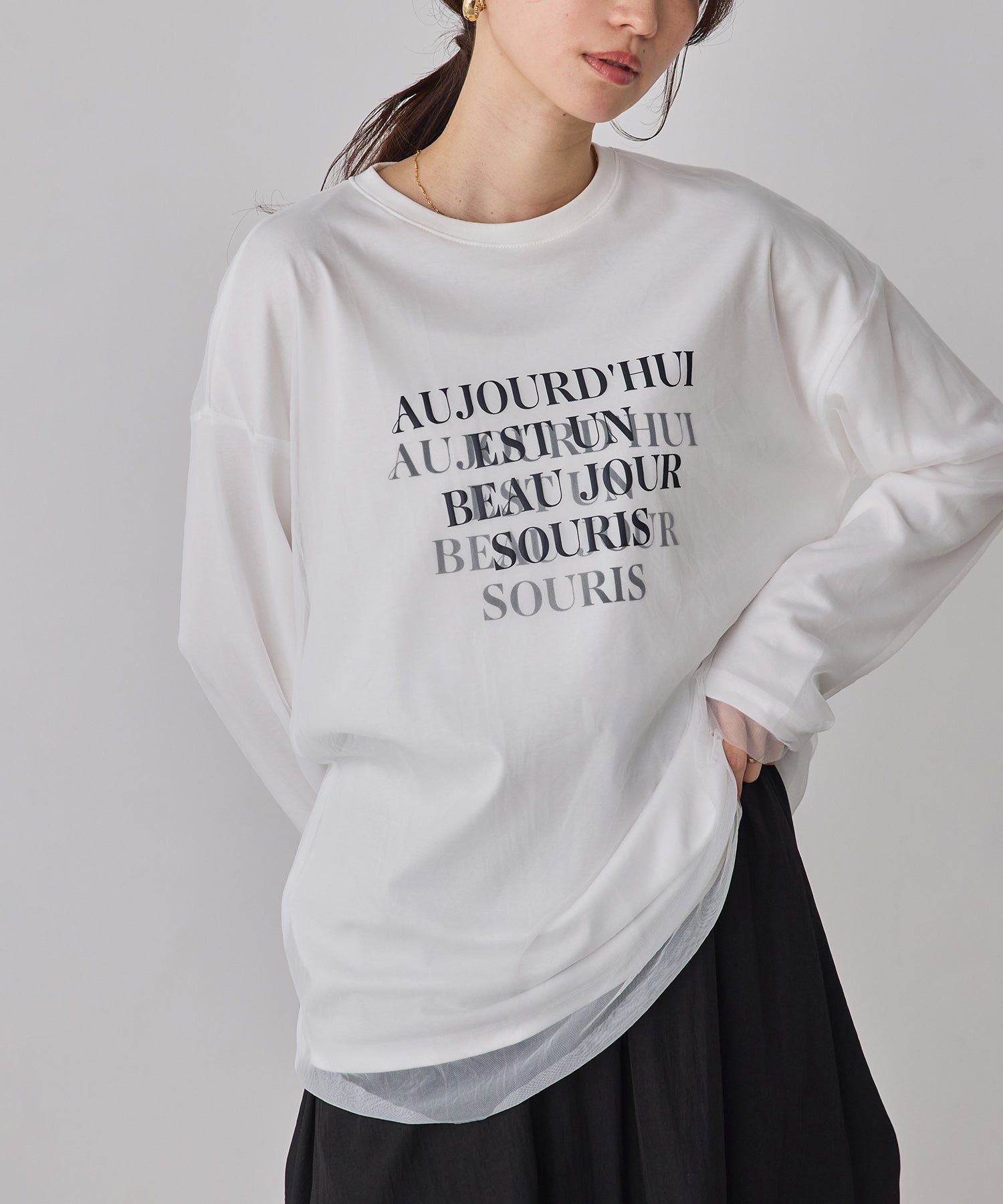 TULLE LAYERED PRINT LONG T-SHIRT