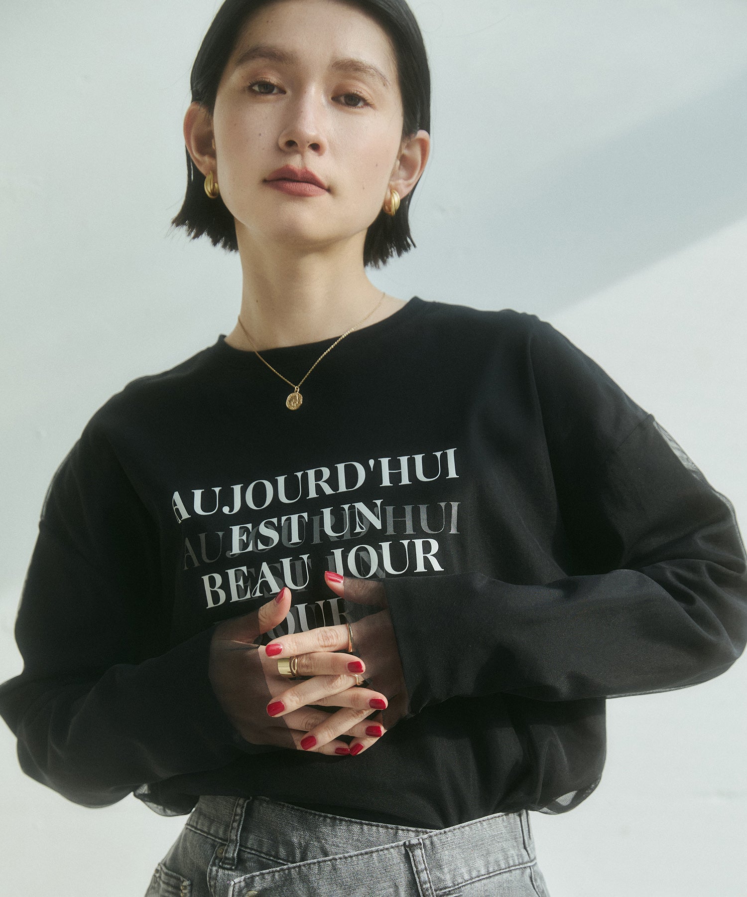 チュールレイヤード プリントロンT