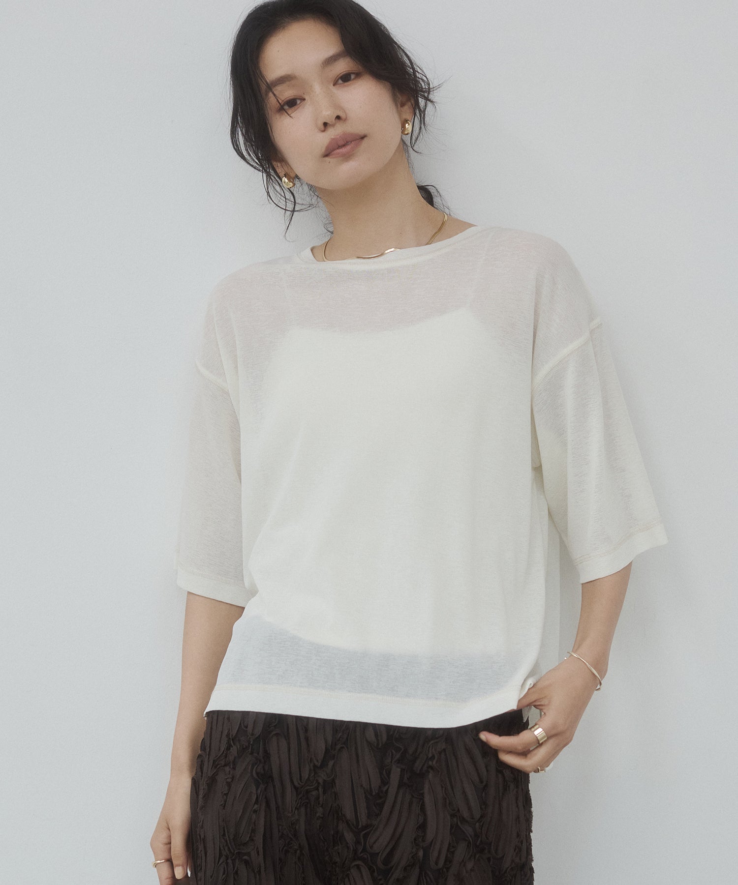 SHEER WAFFLE T-SHIRT WITH SUBTLE COLOR-BLOCKED STITCHING