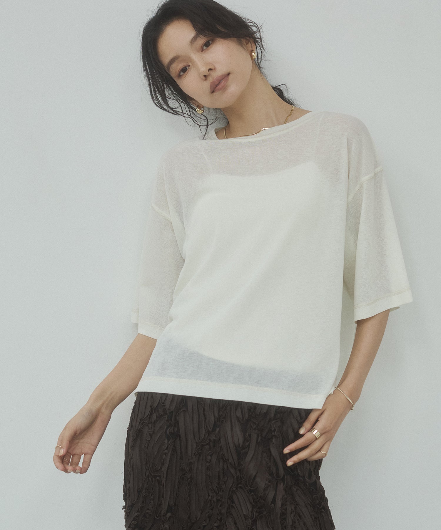SHEER WAFFLE T-SHIRT WITH SUBTLE COLOR-BLOCKED STITCHING