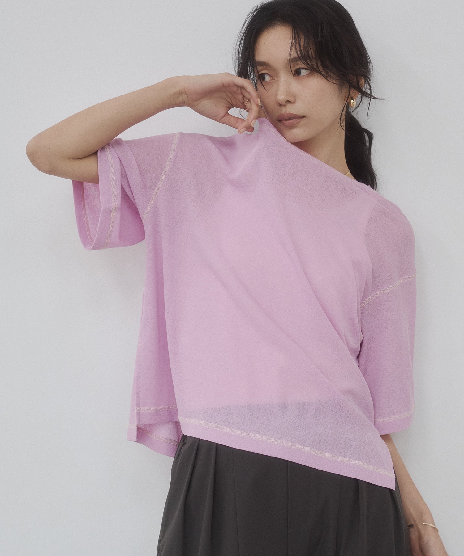 SHEER WAFFLE T-SHIRT WITH SUBTLE COLOR-BLOCKED STITCHING