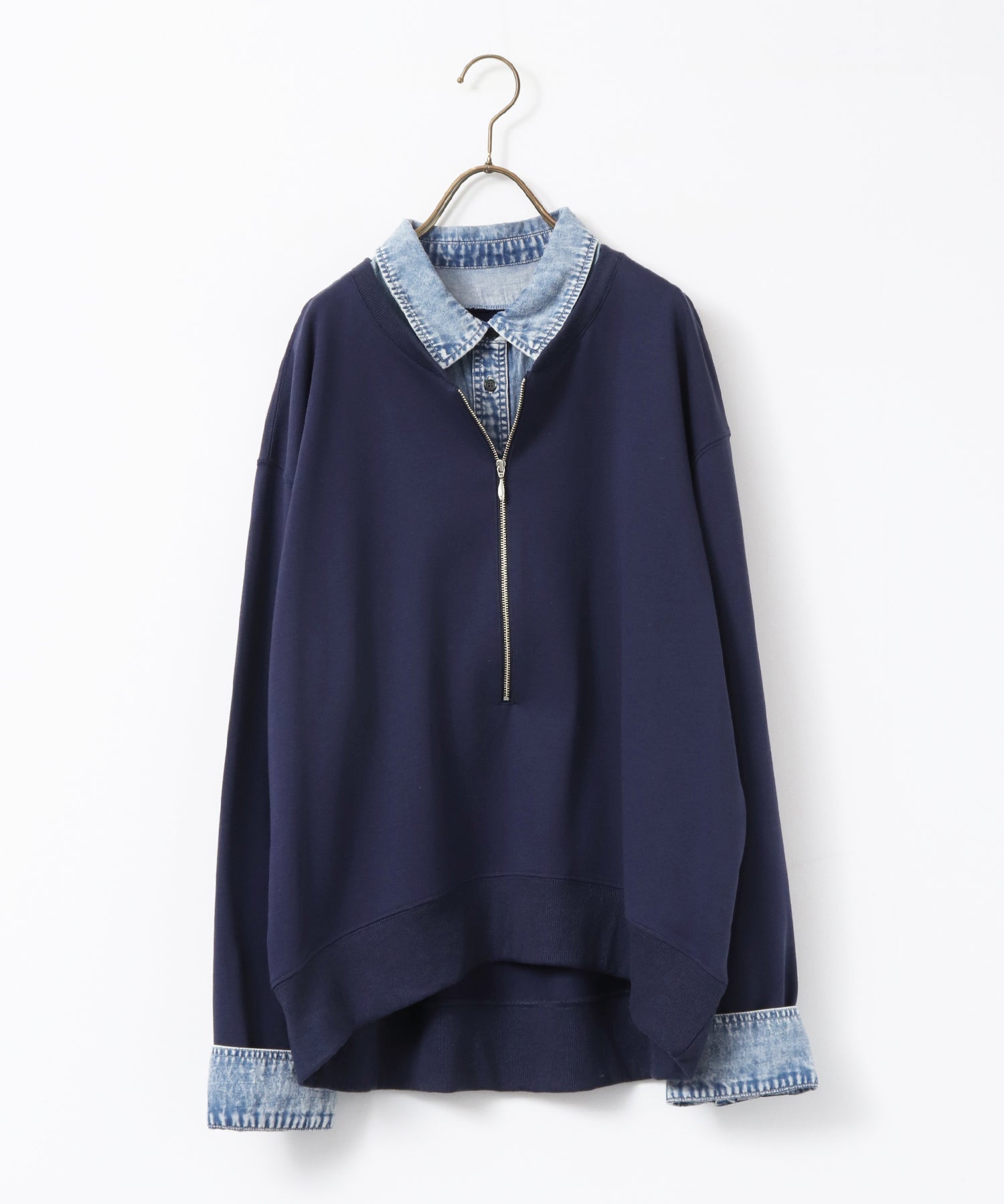 DENIM-COLLAR DOCKING FAKE-LAYERED TOP