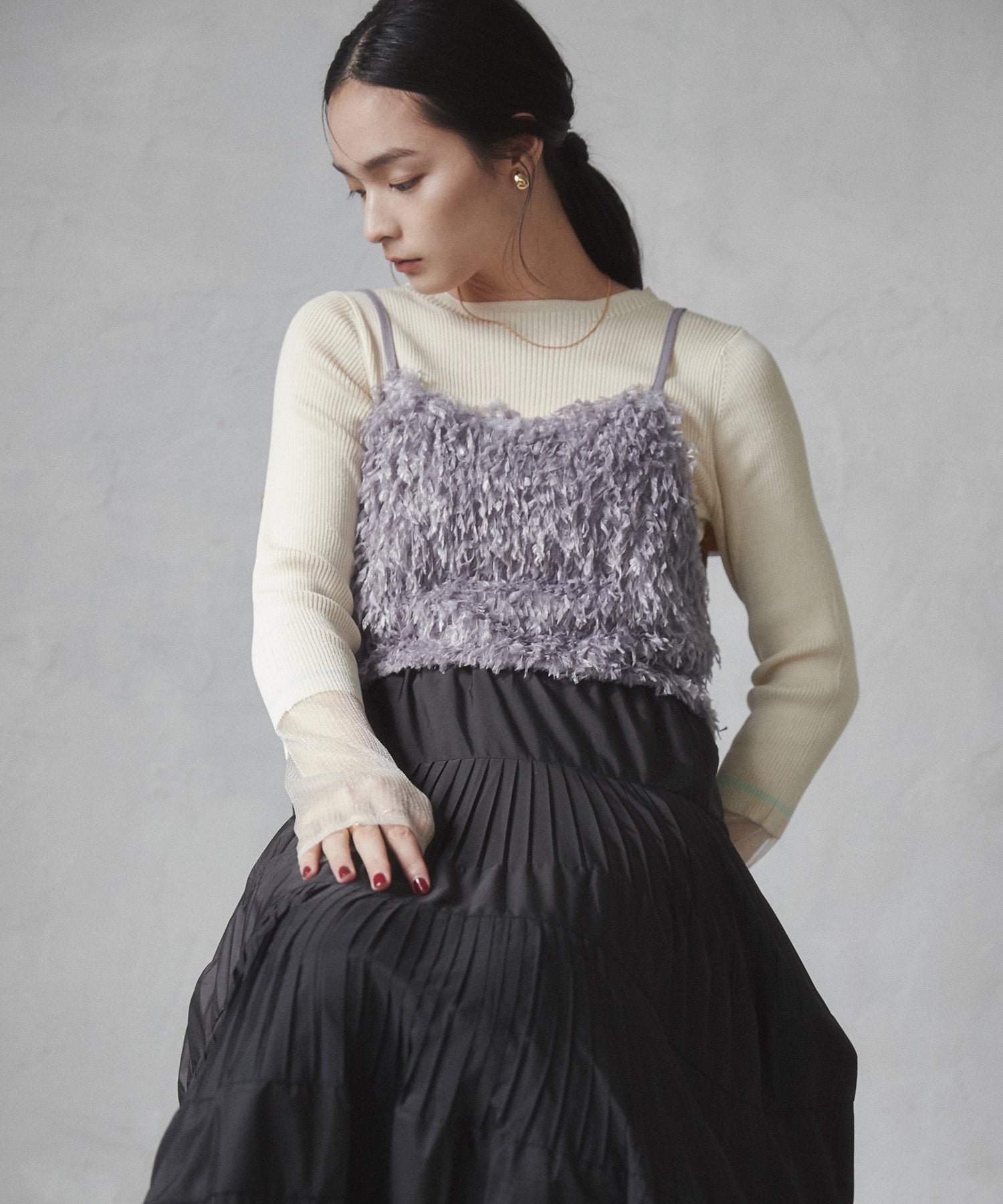 袖シアー 切替リブニット