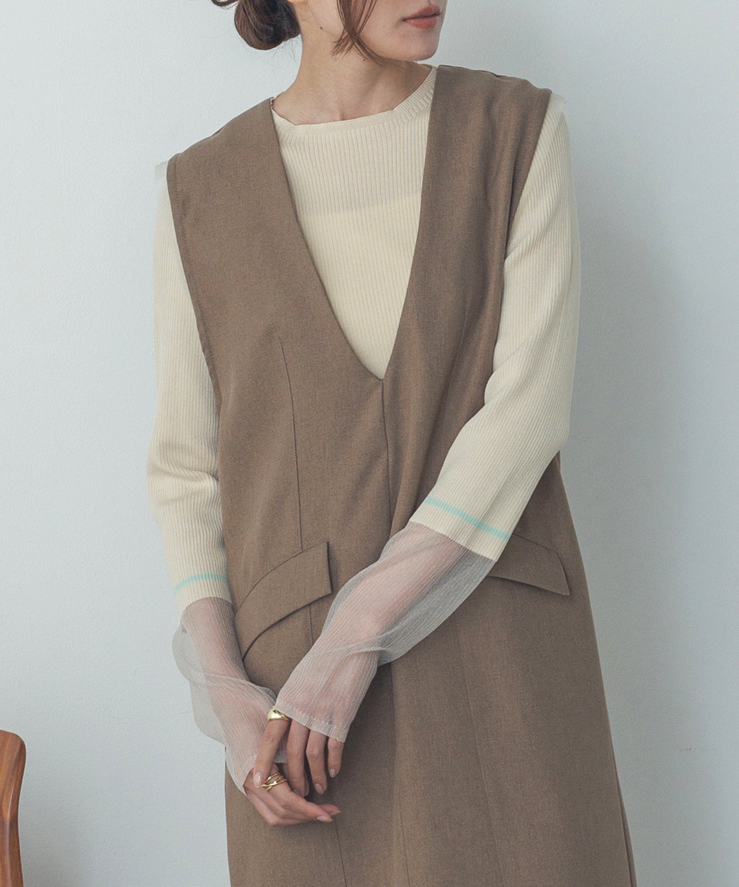 袖シアー 切替リブニット