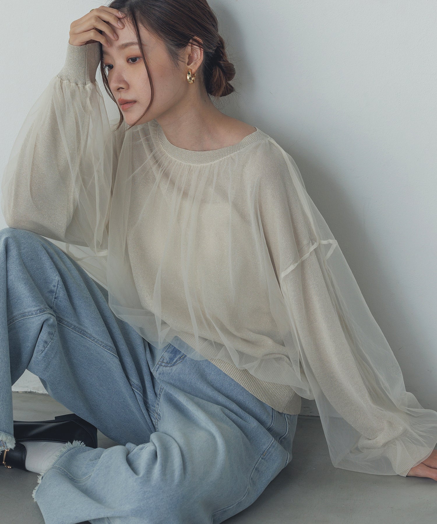 ラメニット チュールレイヤードトップス