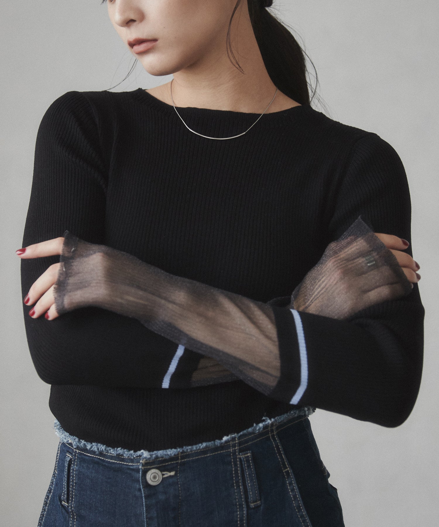 袖シアー 切替リブニット