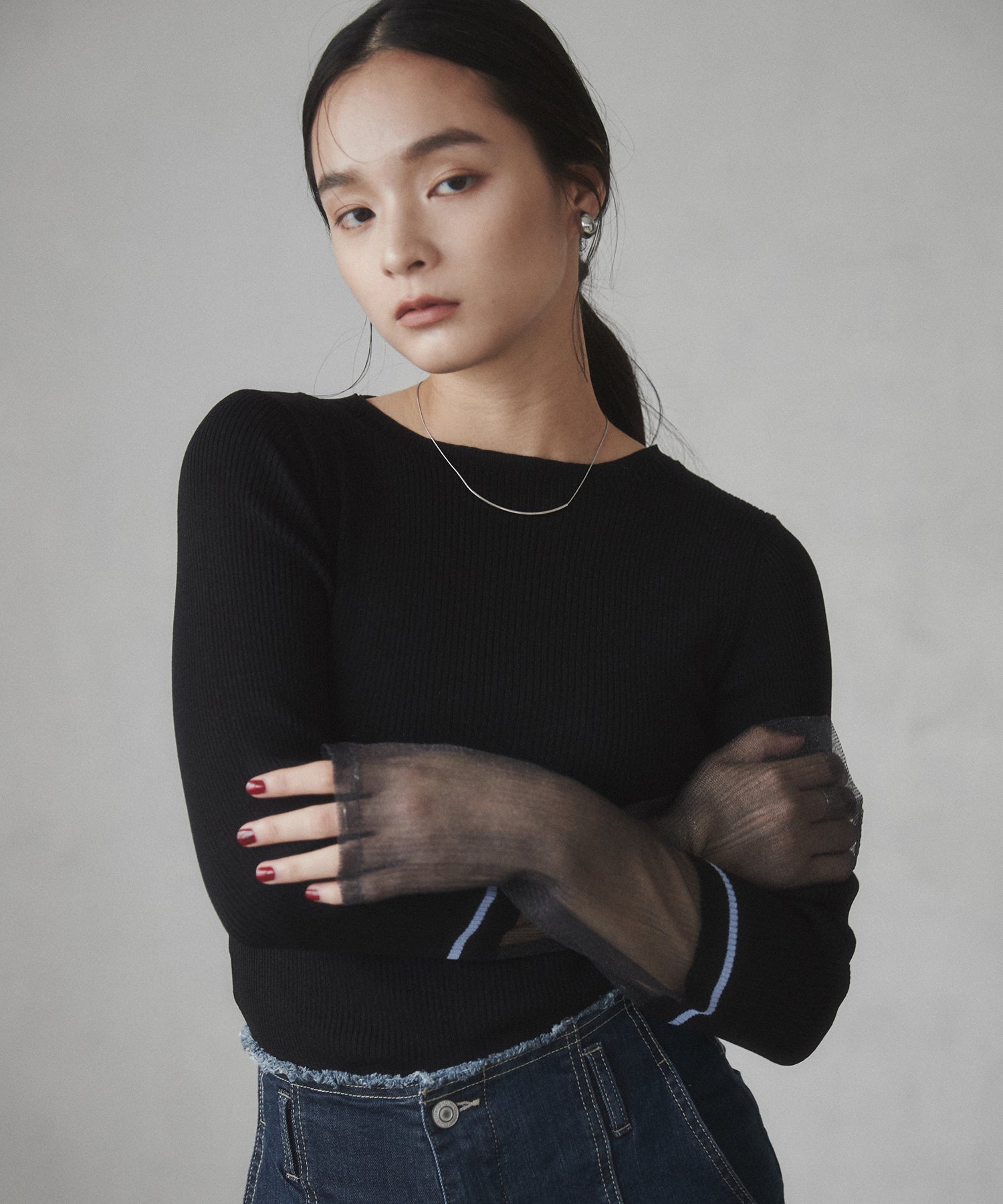 袖シアー 切替リブニット