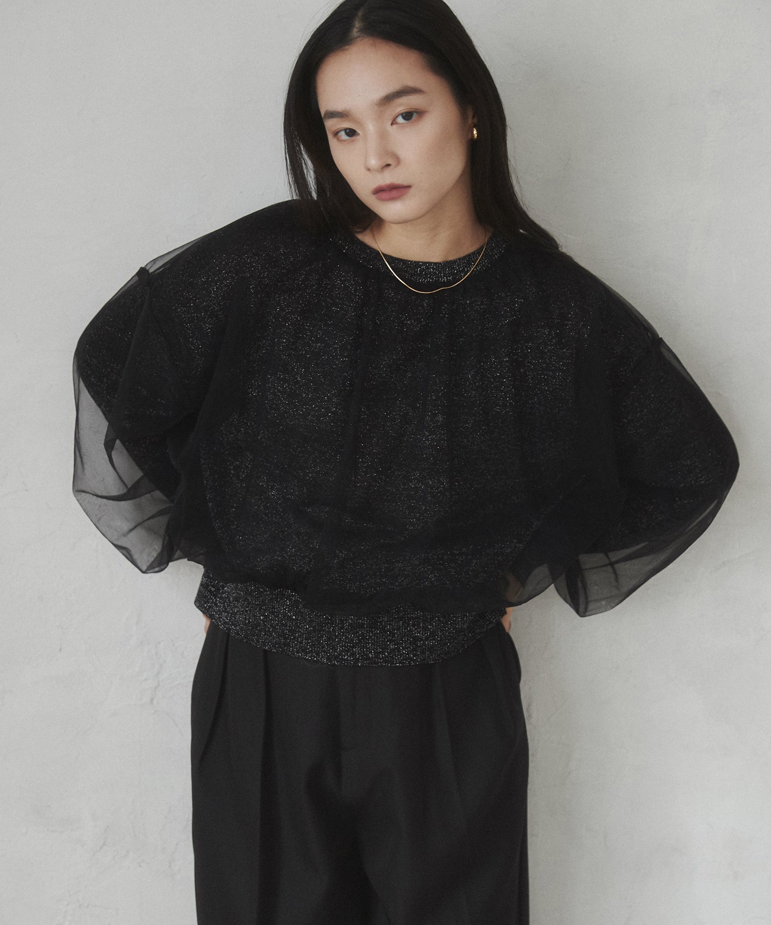 ラメニット チュールレイヤードトップス