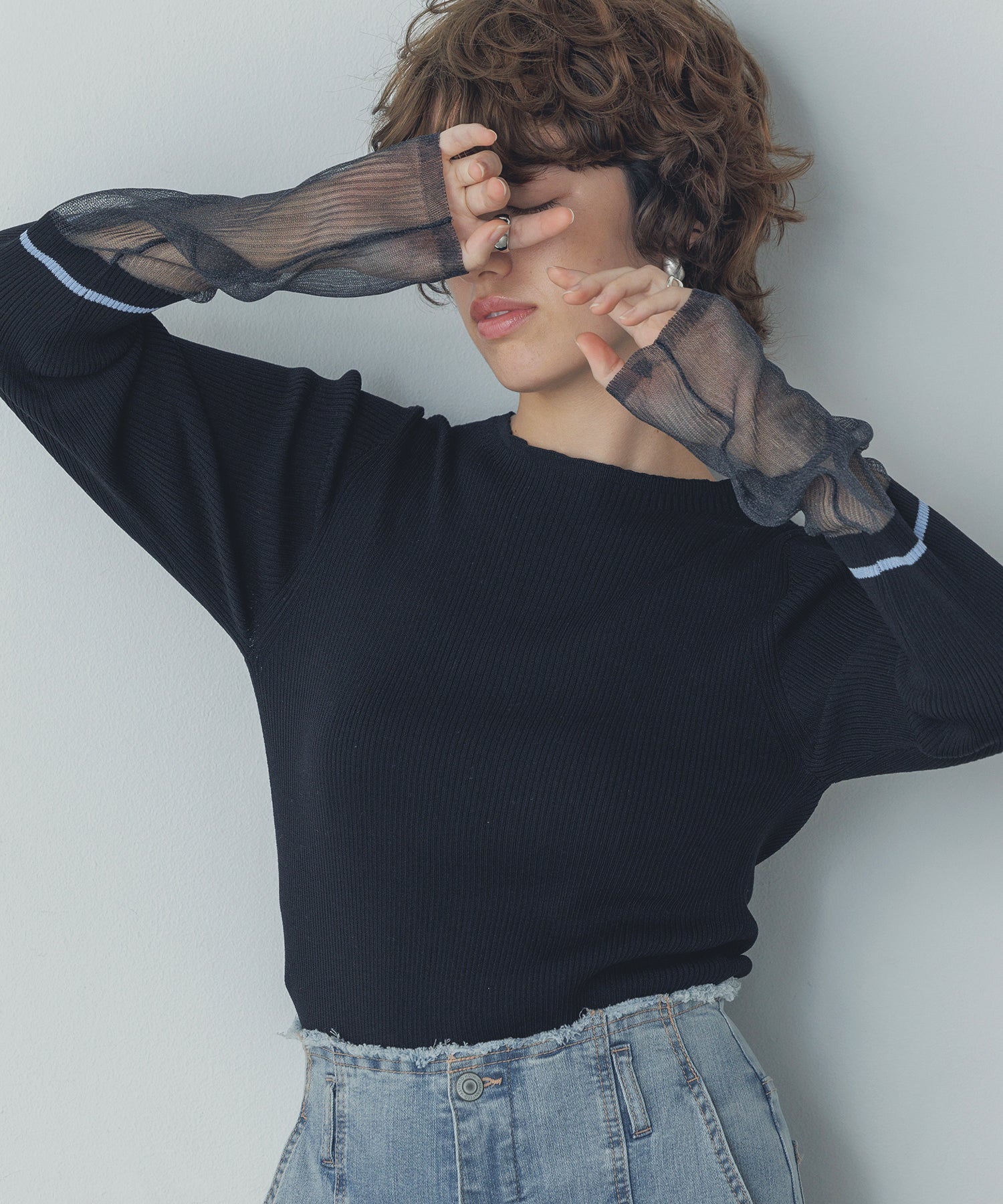 袖シアー 切替リブニット