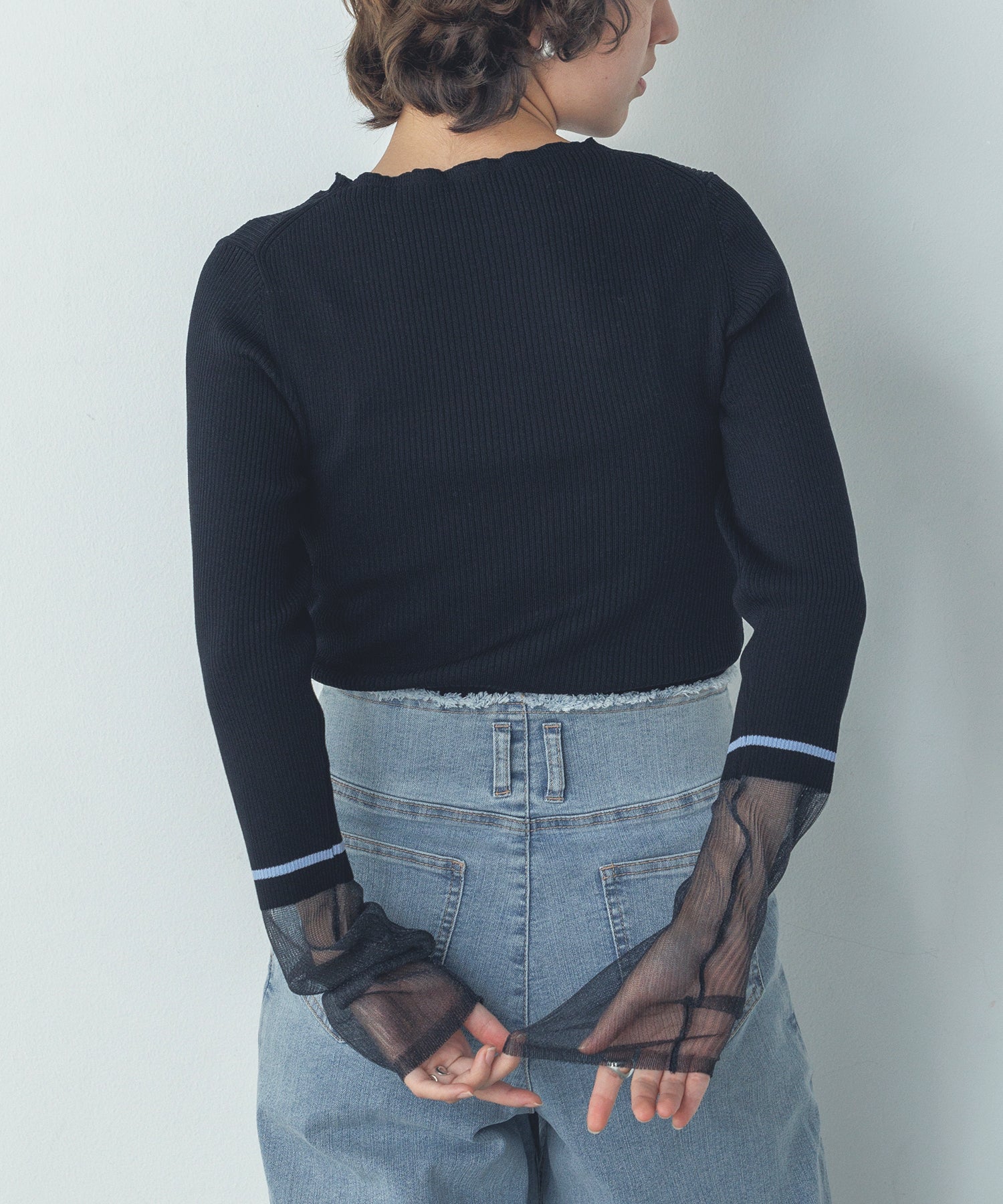 袖シアー 切替リブニット