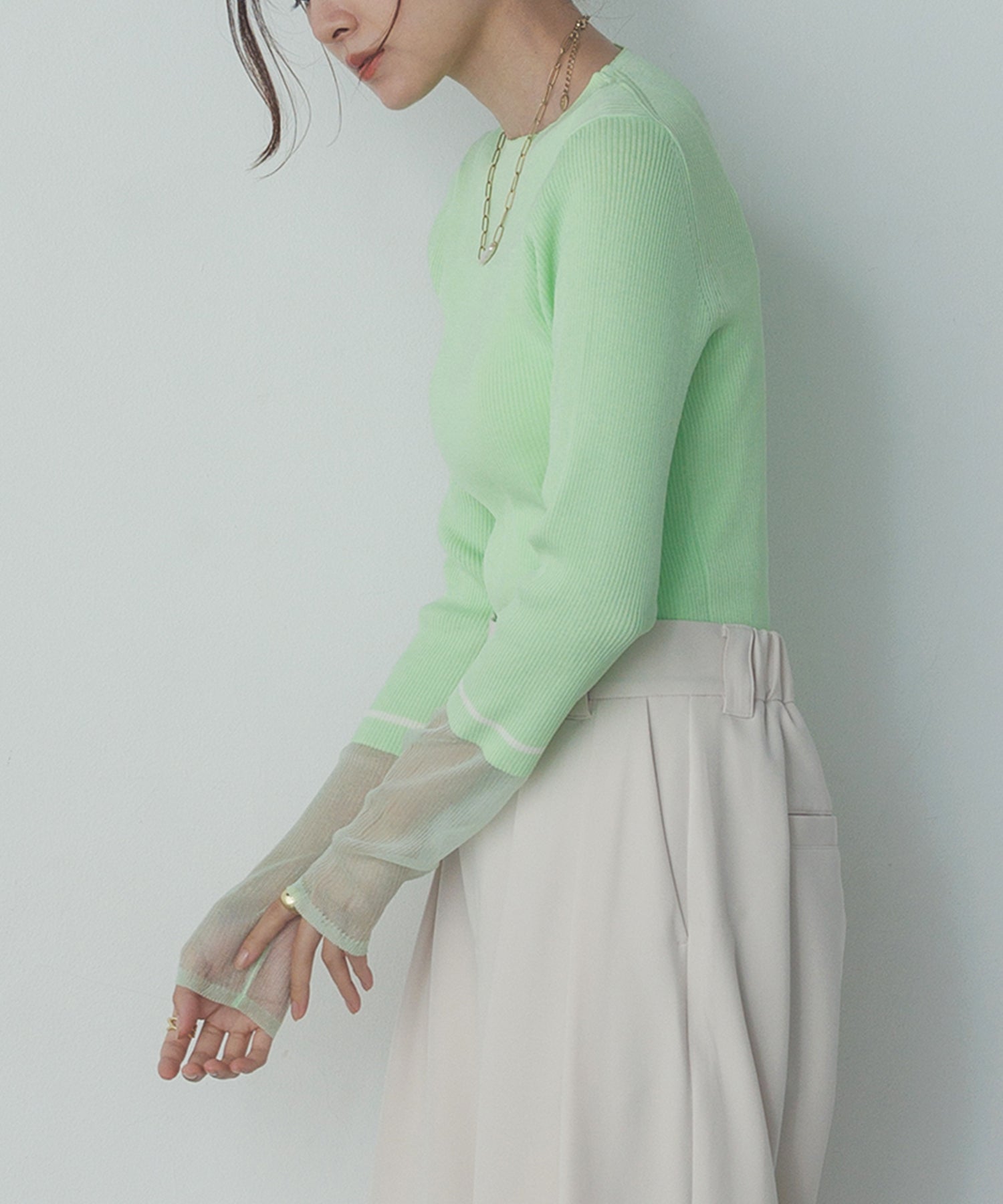 袖シアー 切替リブニット