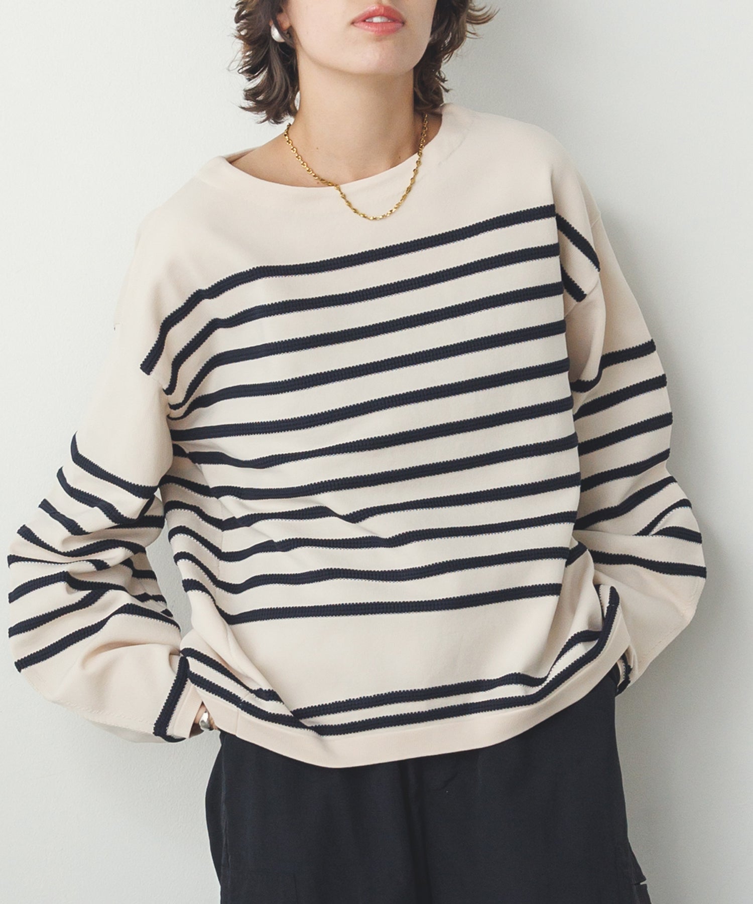 スポンディッシュ 柄編みボーダーニット