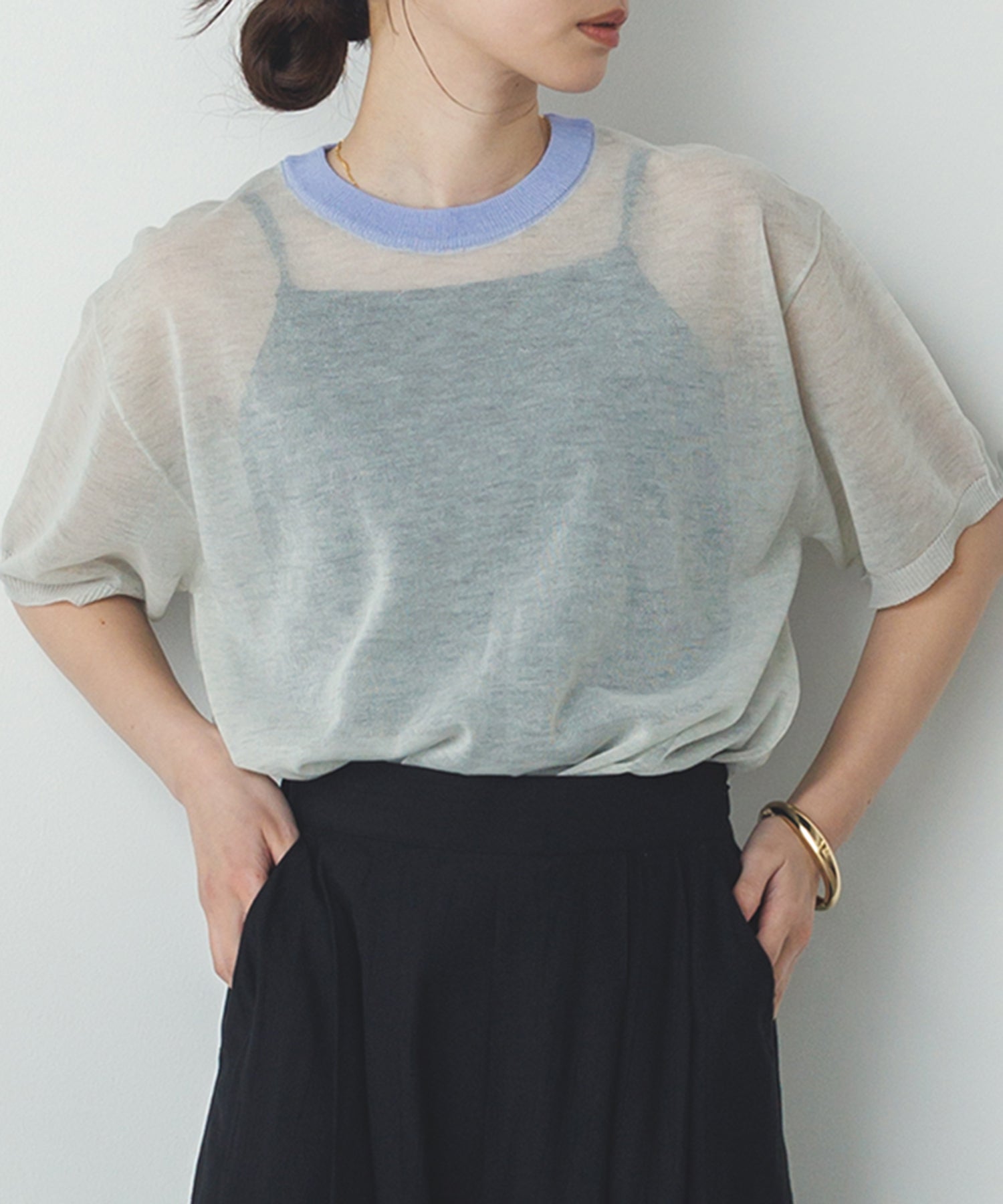 バイカラー シアー半袖ニット