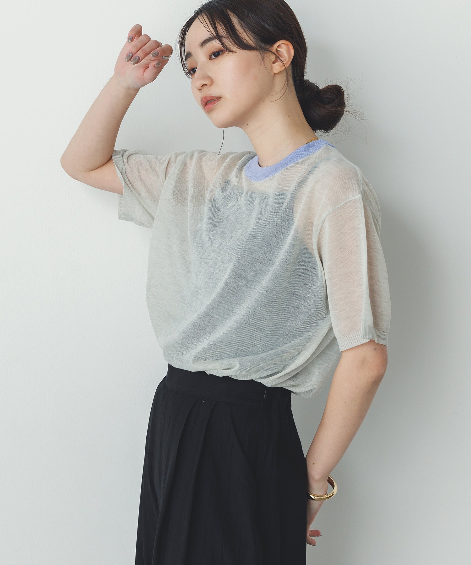 バイカラー シアー半袖ニット