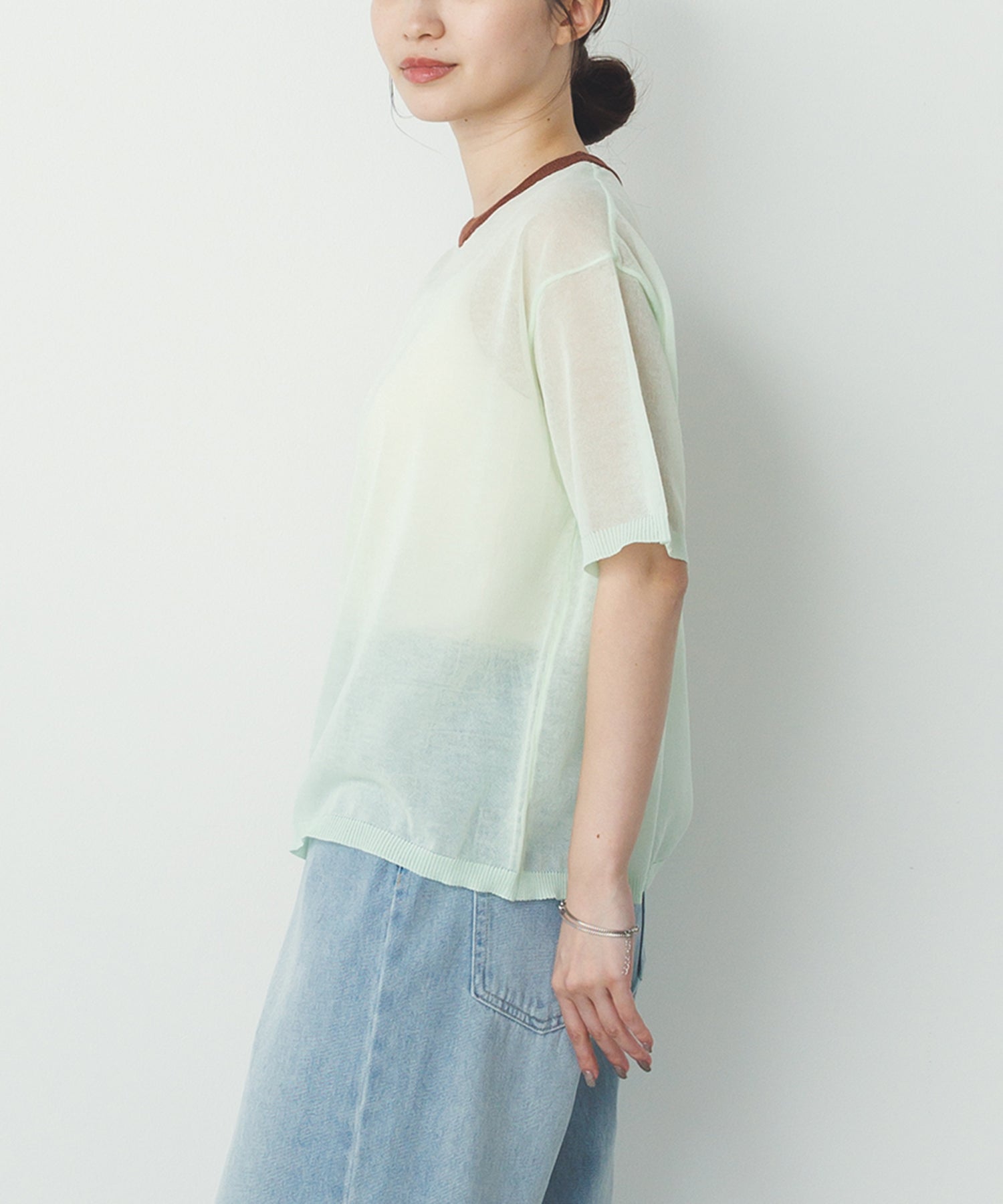 バイカラー シアー半袖ニット