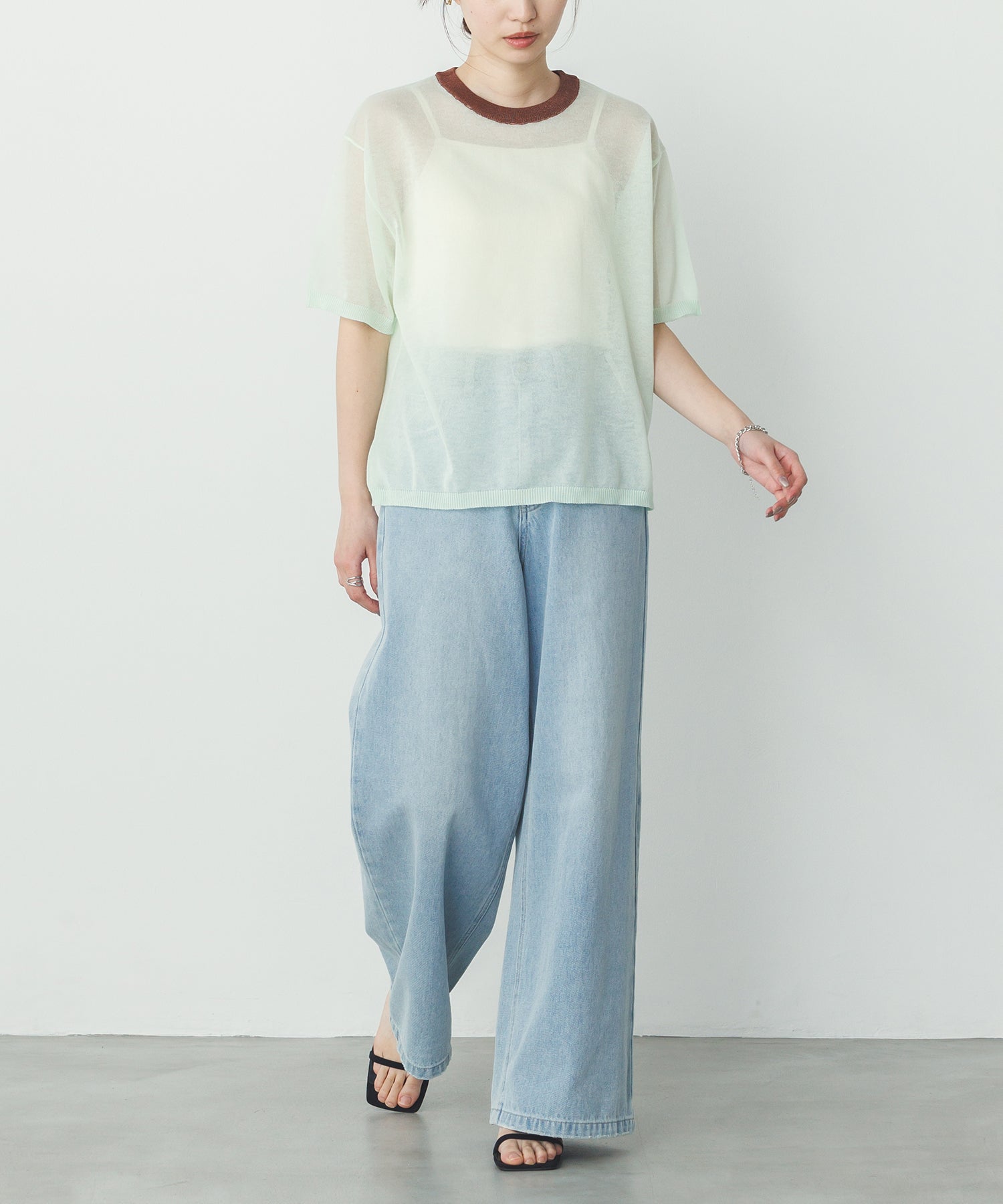 バイカラー シアー半袖ニット