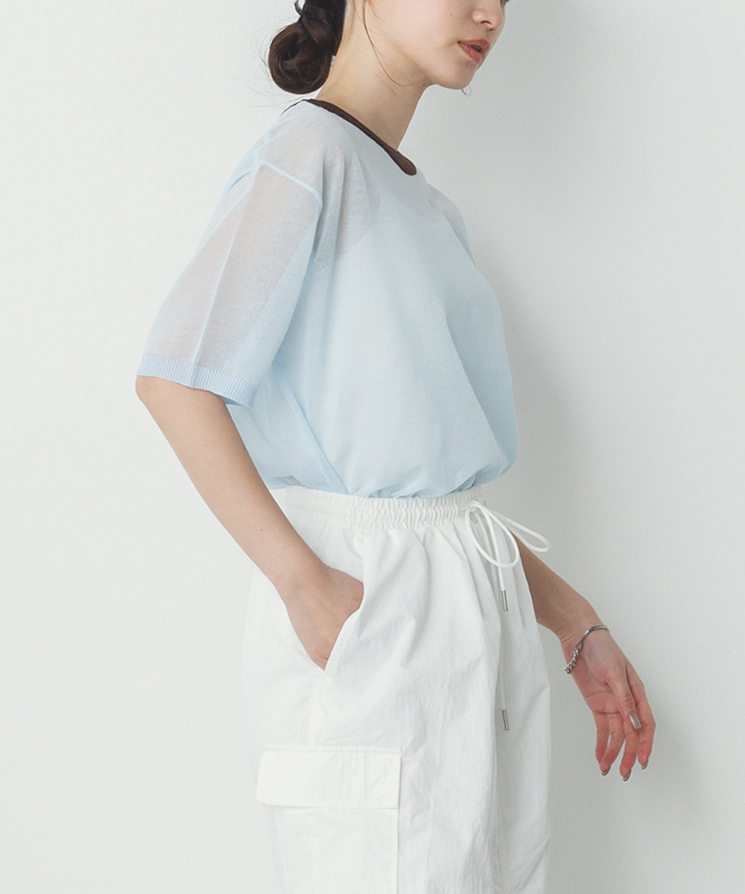 バイカラー シアー半袖ニット