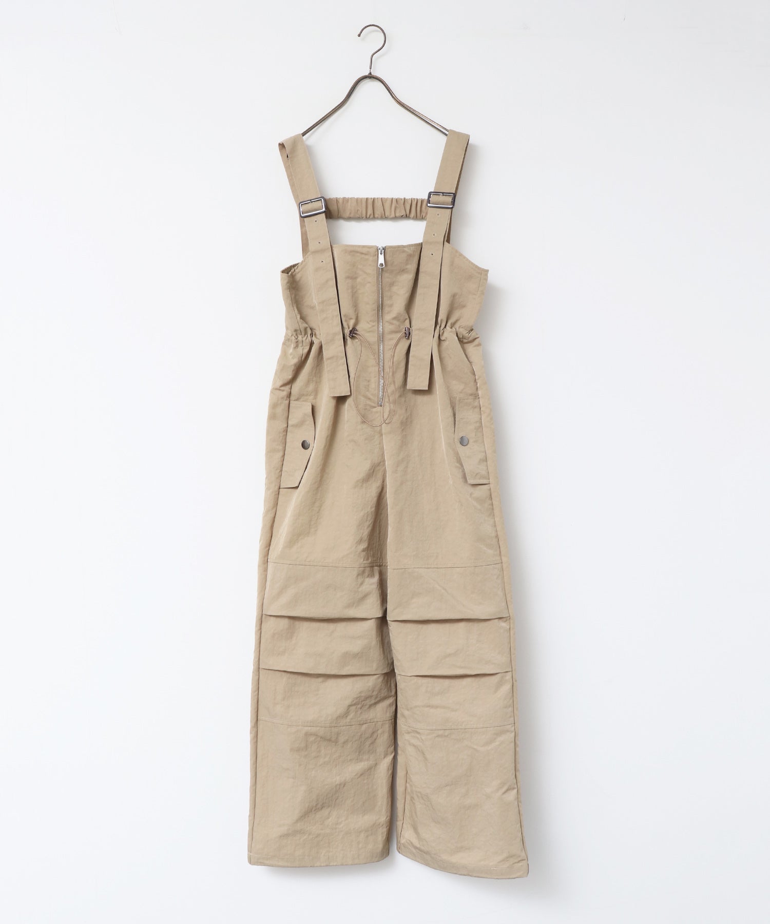 フロントジップ ウエストギャザー サロペット