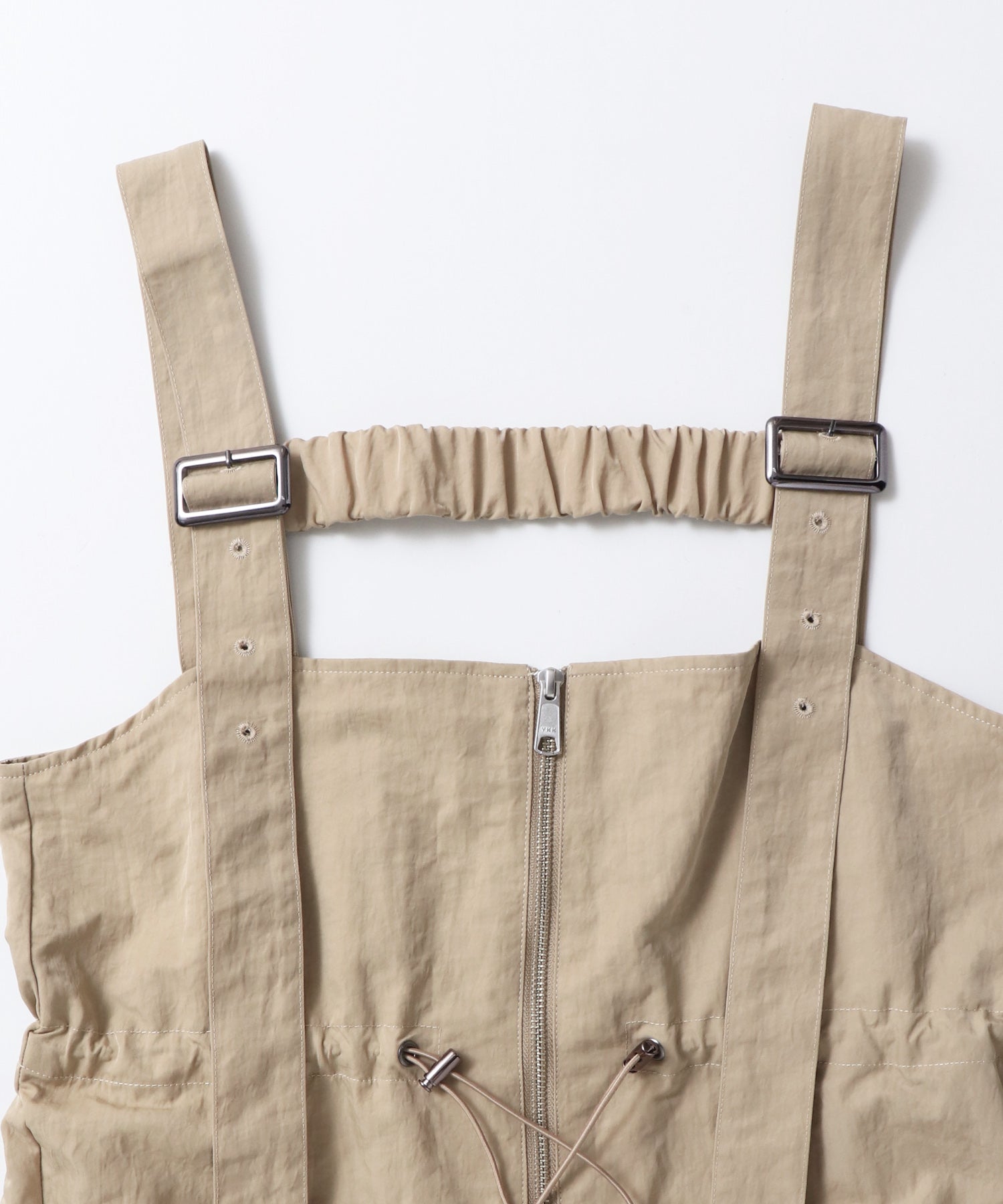 フロントジップ ウエストギャザー サロペット