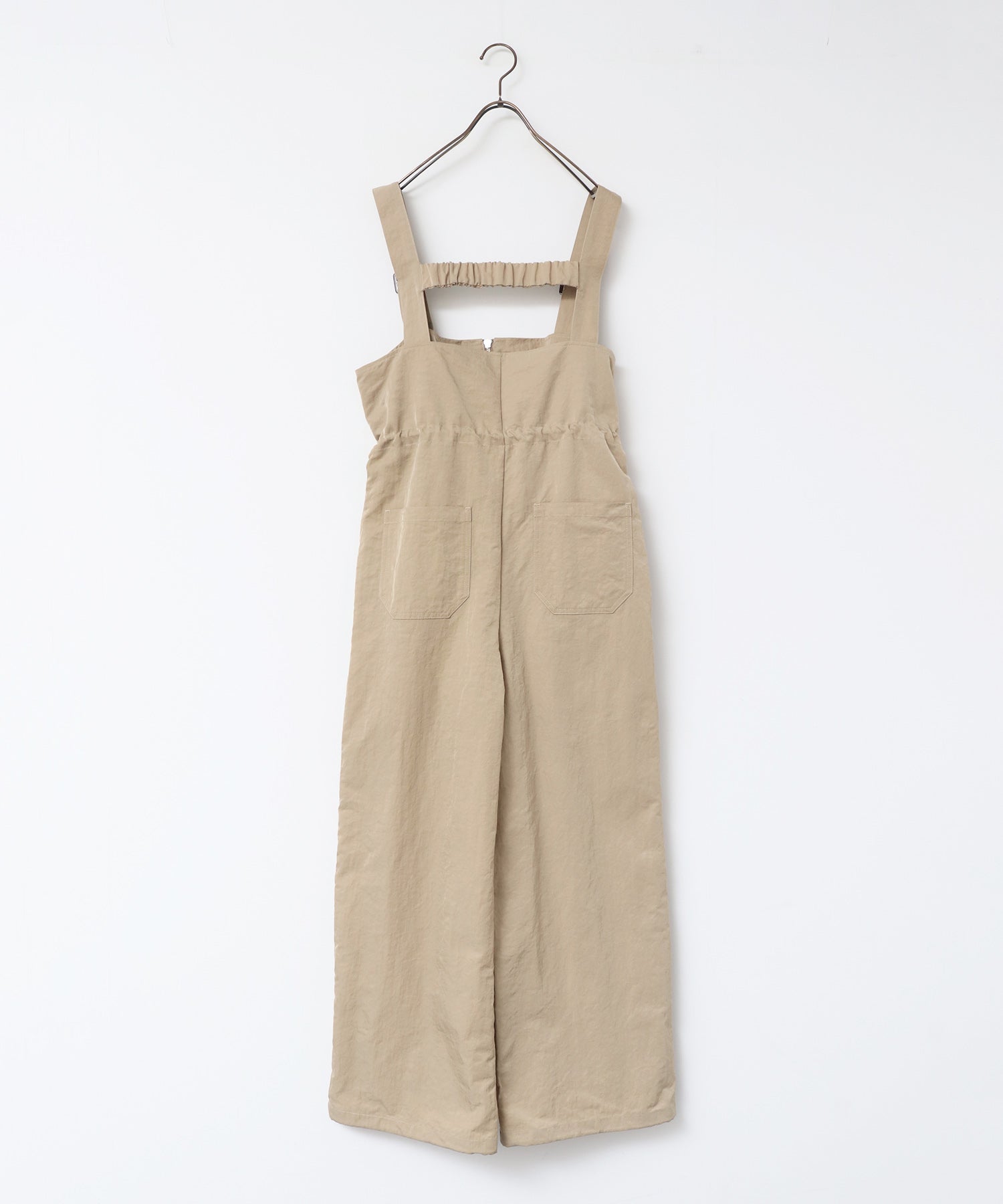 フロントジップ ウエストギャザー サロペット