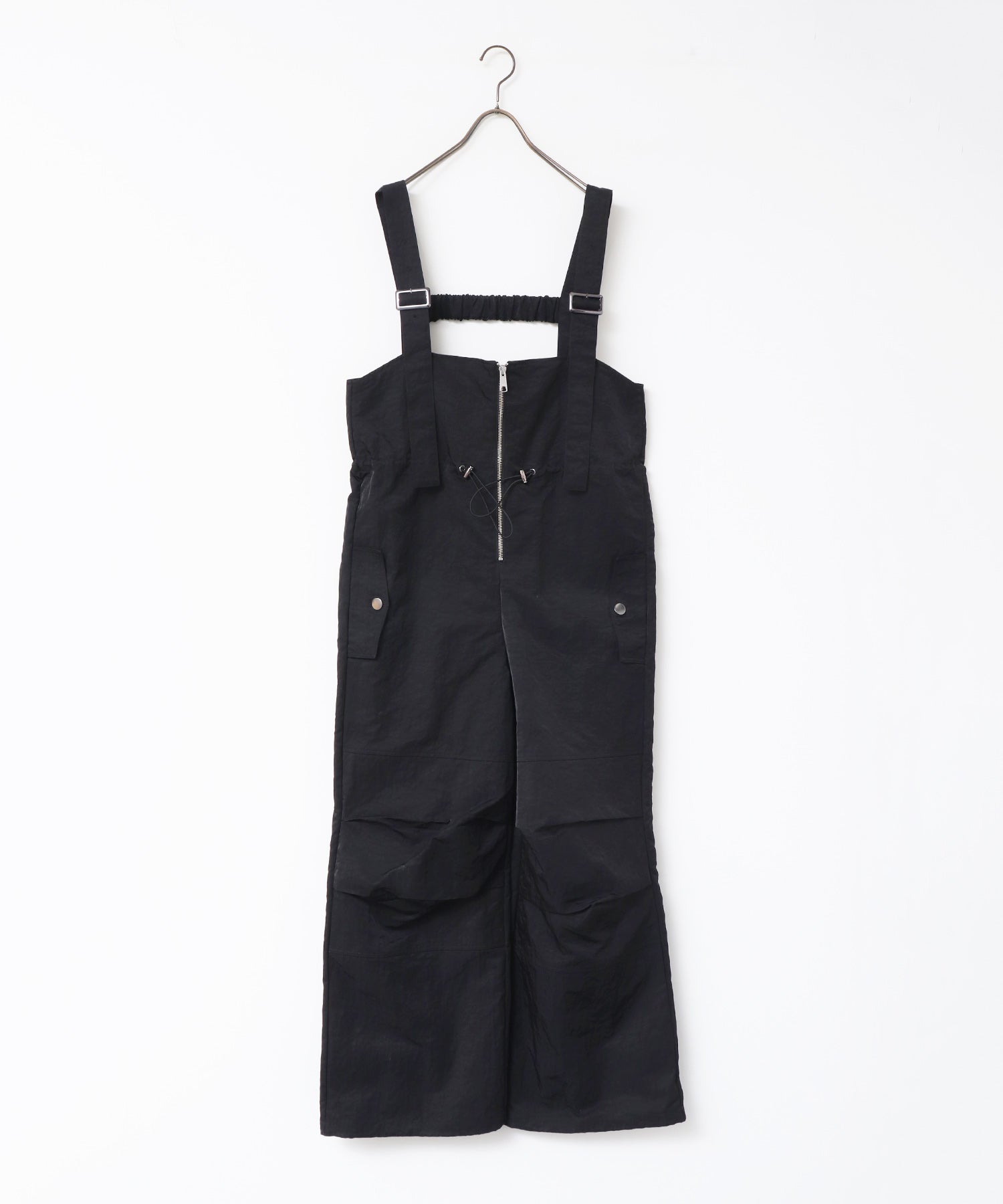 フロントジップ ウエストギャザー サロペット